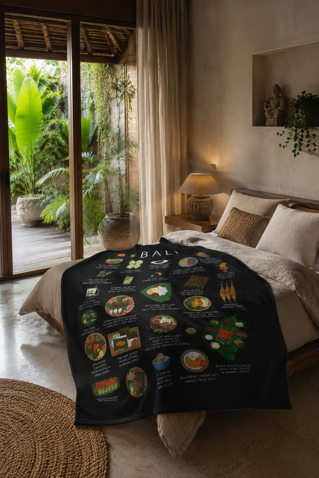 Black Bali food blanket on a bed in a tropical Balinese bedroom with garden view