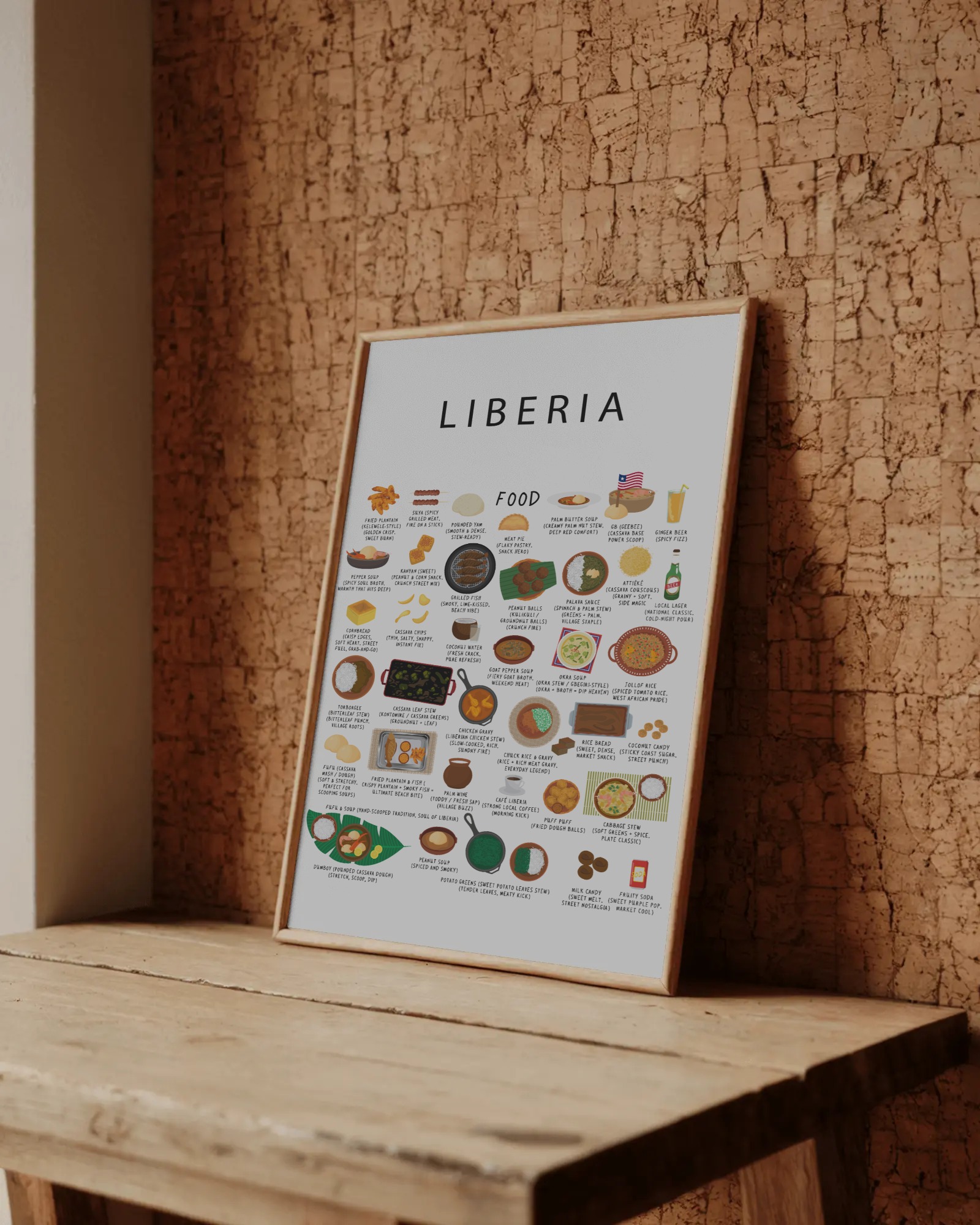 Liberia food collection thumbnail featuring illustrations of Jollof and Palm Butter — Maison Maps editorial artwork.