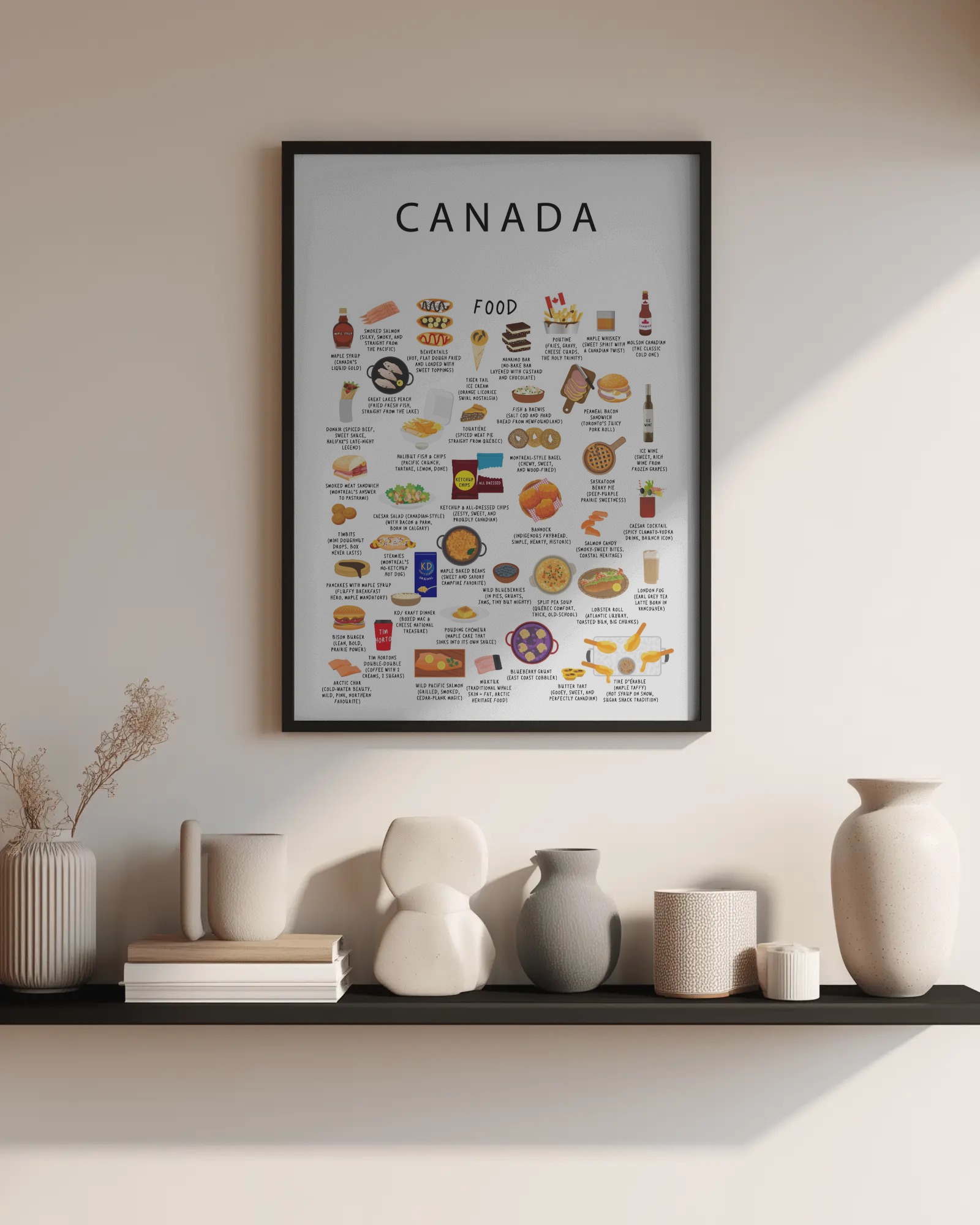 White Canada food poster in a black frame styled above a shelf of ceramic vases