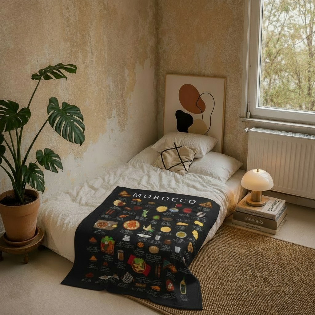 Black Morocco food blanket draped across a linen bed in a warm plaster bedroom with a monstera plant