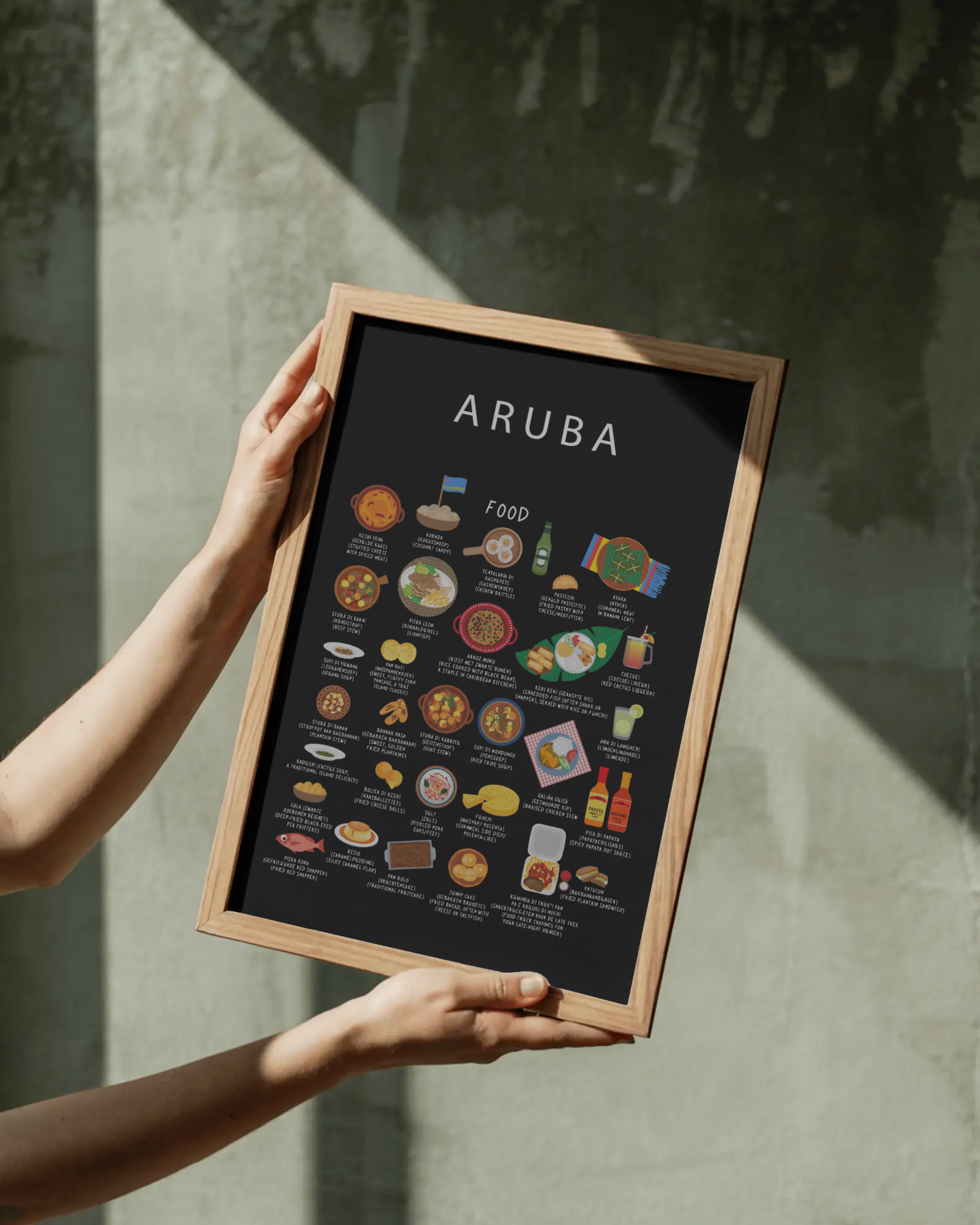 Aruba food collection thumbnail featuring illustrations of Keshi Yena and Pastechi — Maison Maps editorial artwork.