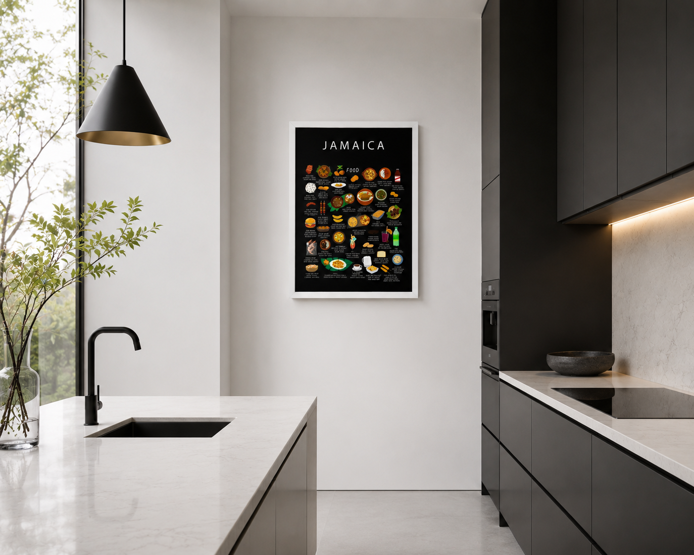 Black Jamaica food poster framed in a calm modern kitchen