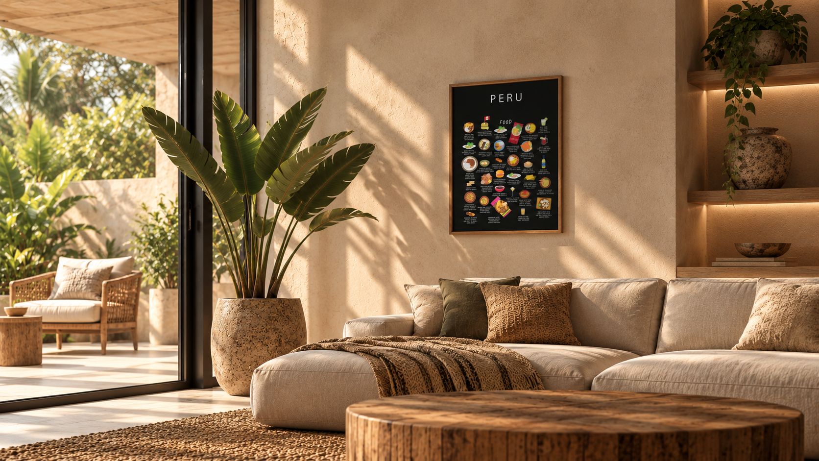 Black Peru food poster framed above a sofa in a sunlit tropical living room