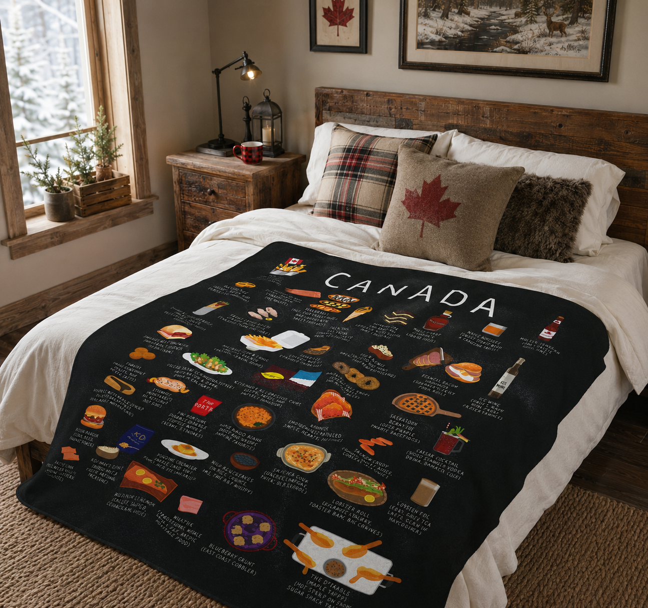 Black Canada food blanket draped over a bed in a rustic cabin bedroom with plaid pillows and snowy window light