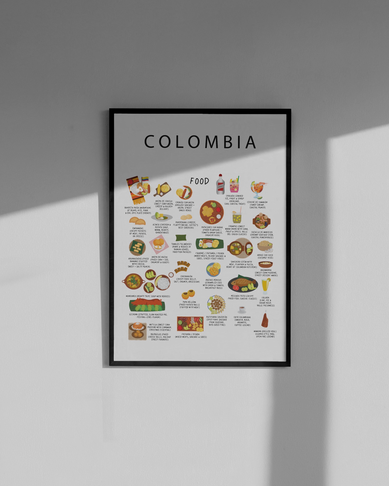 Colombia food collection thumbnail featuring illustrations of Arepa and Bandeja Paisa — Maison Maps editorial artwork.