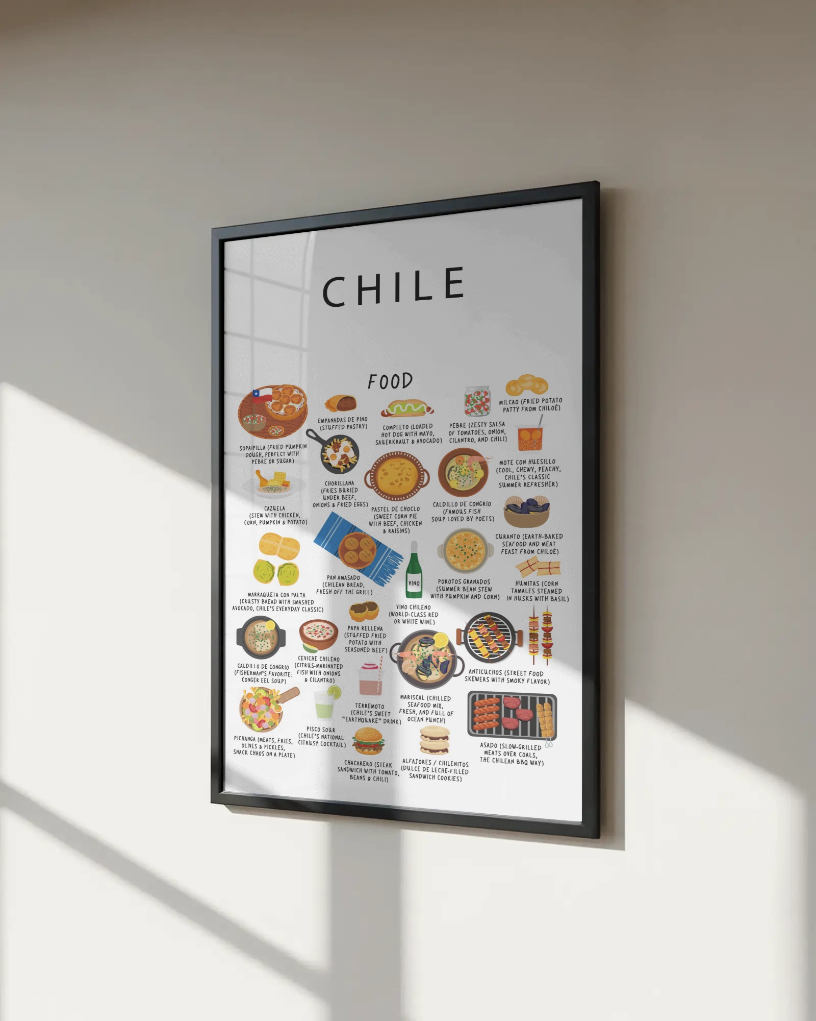 Framed white Chile food poster on a sunlit neutral wall