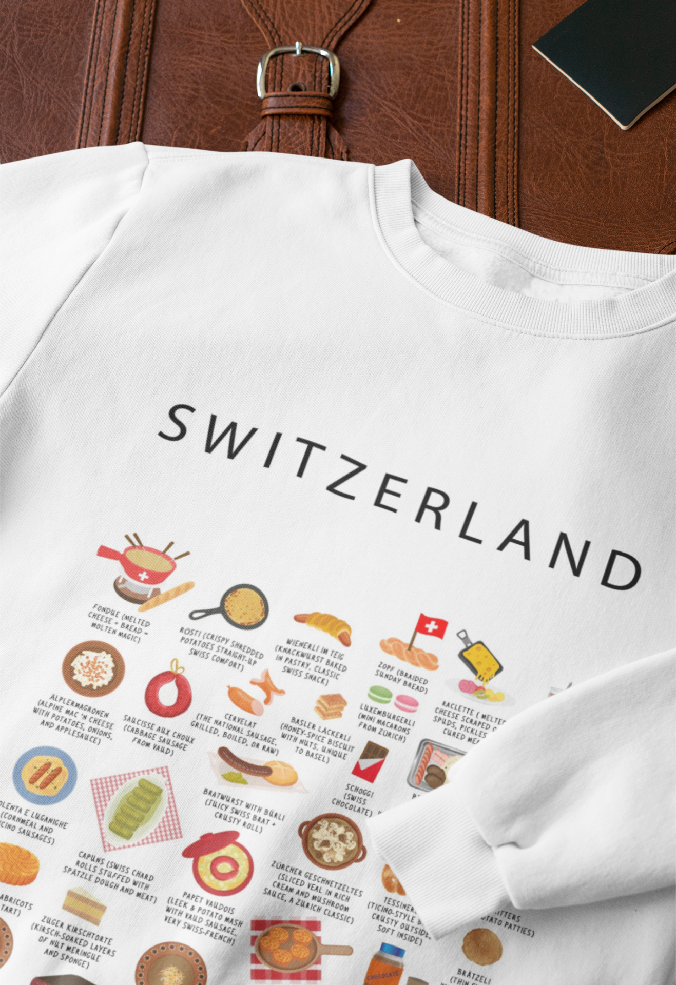 Switzerland food collection thumbnail featuring illustrations of Fondue and Raclette — Maison Maps editorial artwork.