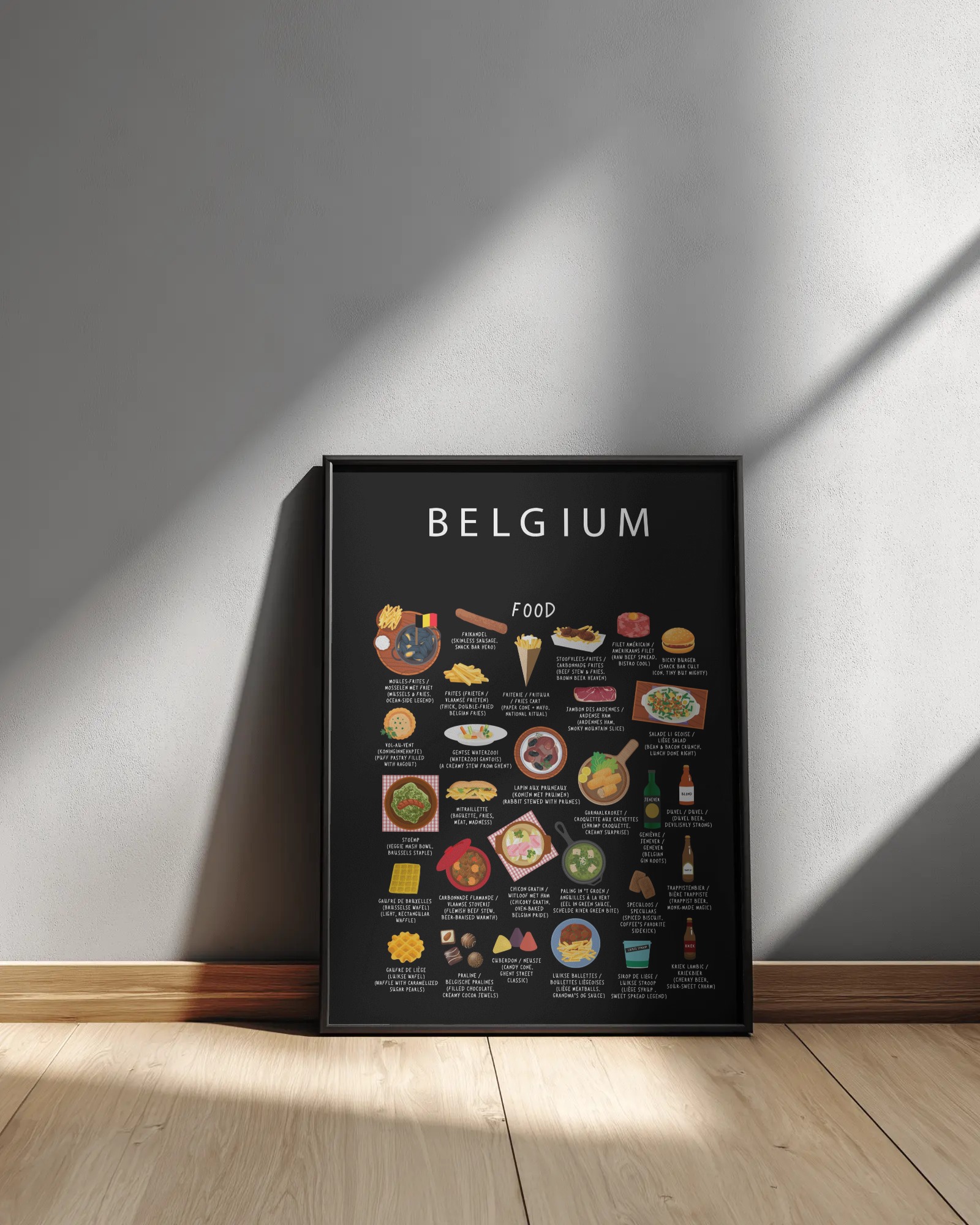 Framed black Belgium food poster on a soft neutral wall in warm editorial light