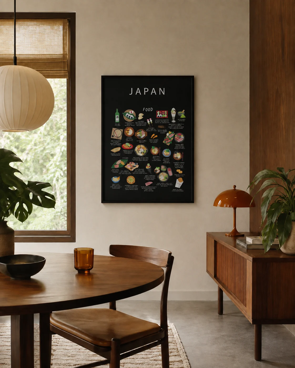 Framed Japan illustrated food poster beside a dining table in a minimal interior