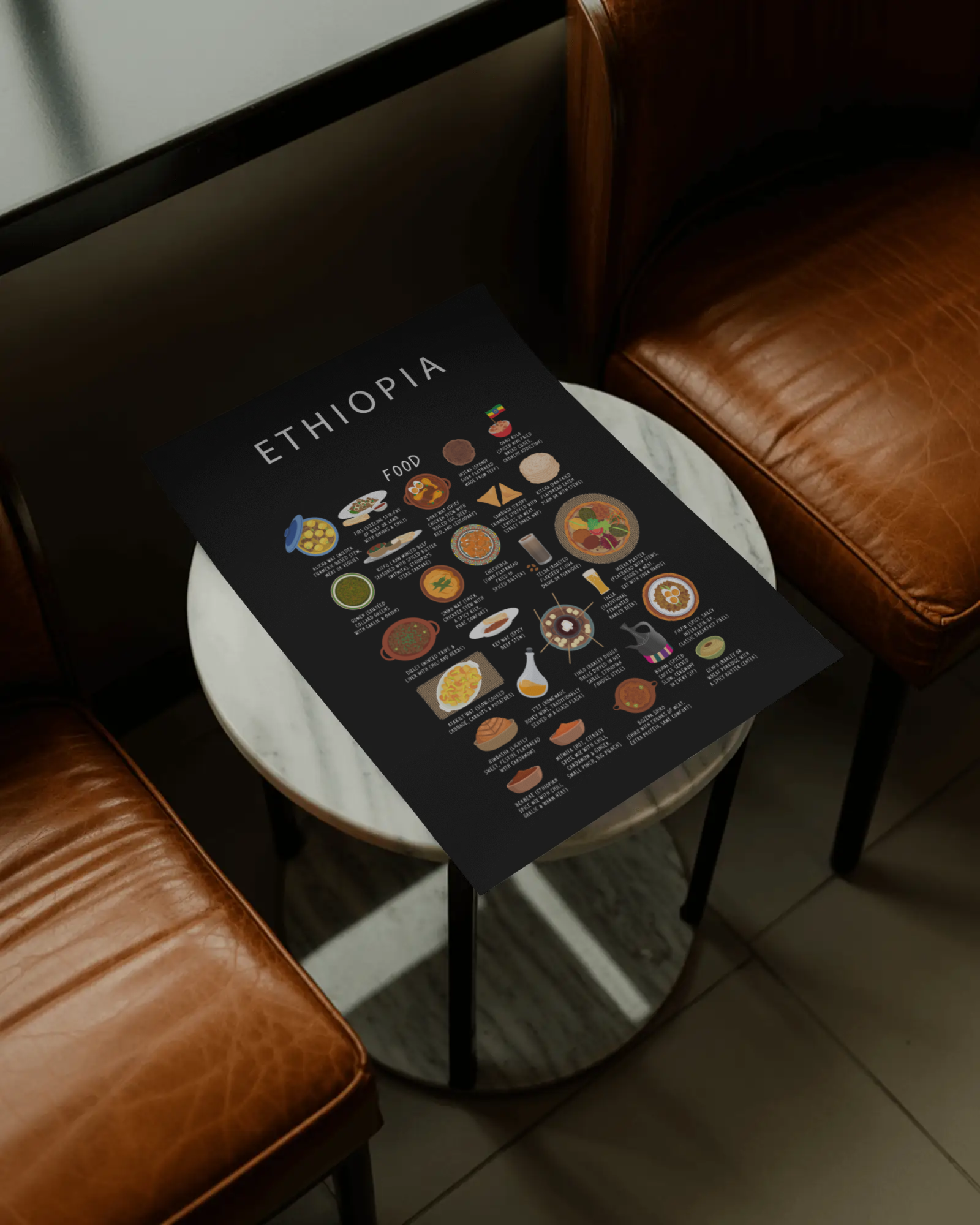 Black Ethiopia food poster laid on a round marble side table between two tan leather chairs