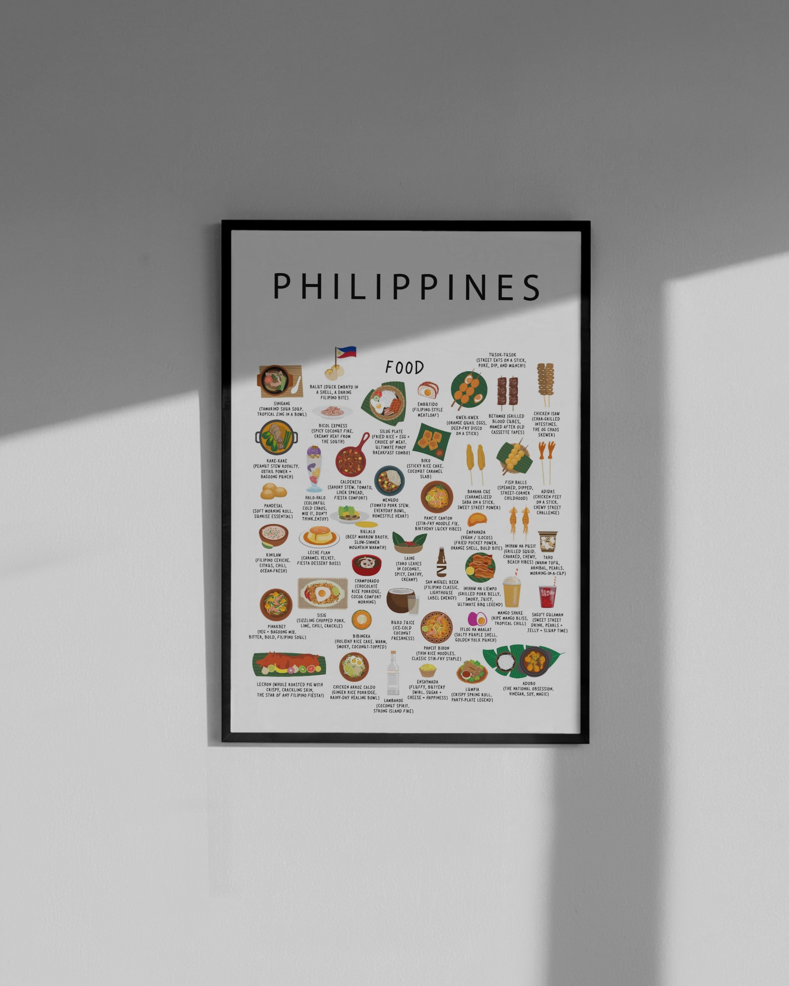 Philippines food collection thumbnail featuring illustrations of Adobo and Lumpia — Maison Maps editorial artwork.