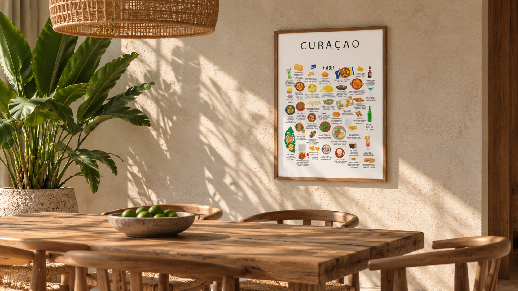 White Curaçao food poster framed above a wooden dining table in a warm tropical interior
