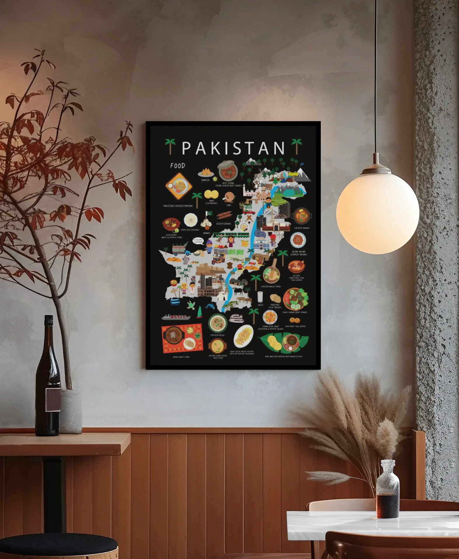 Illustrated Pakistan kids map poster on a warm plaster wall in a café interior