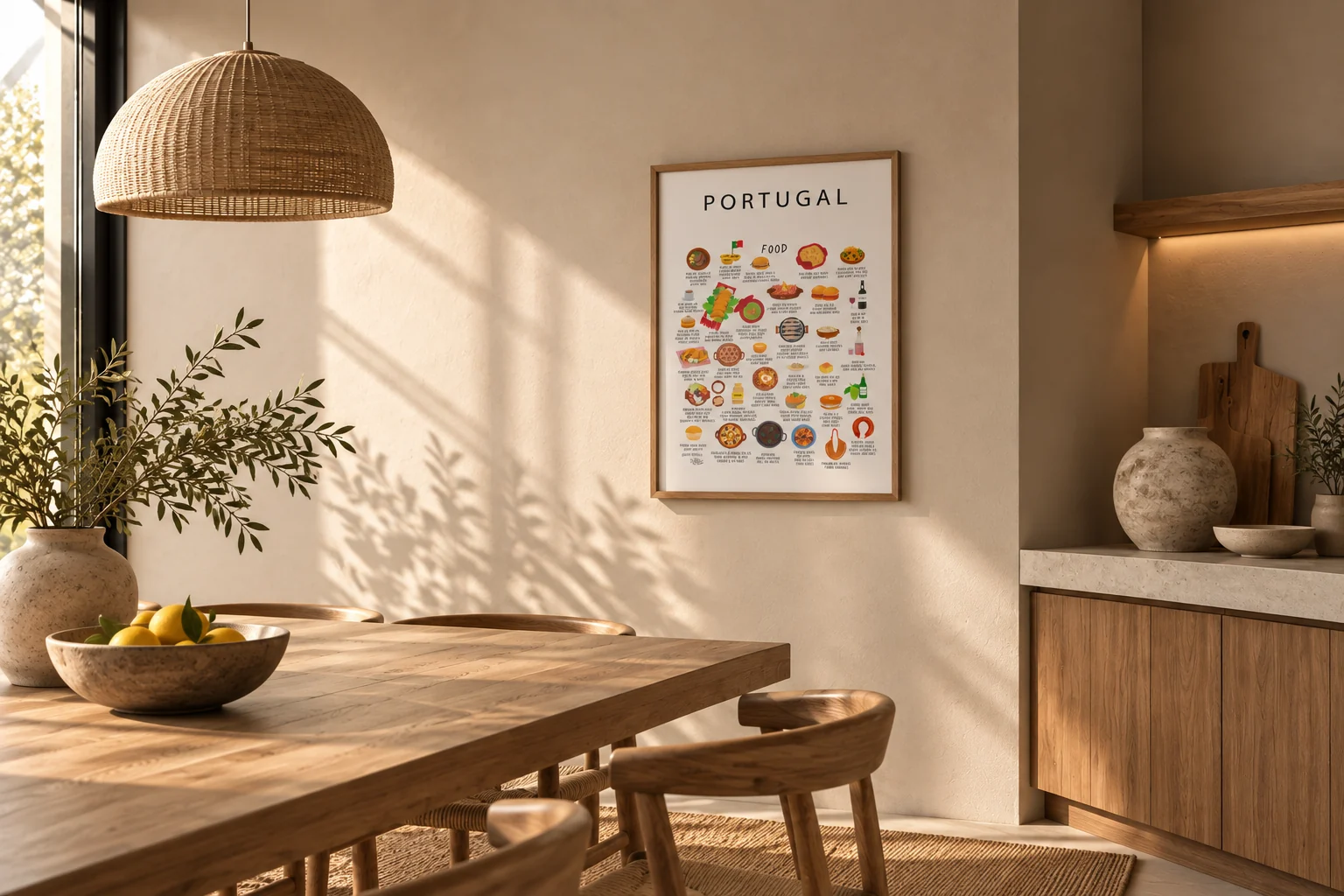 Portugal food poster in an oak frame above a wooden dining table next to an oak kitchen