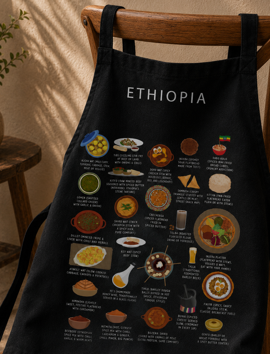 Black Ethiopia food apron hung over a wooden chair in warm afternoon light