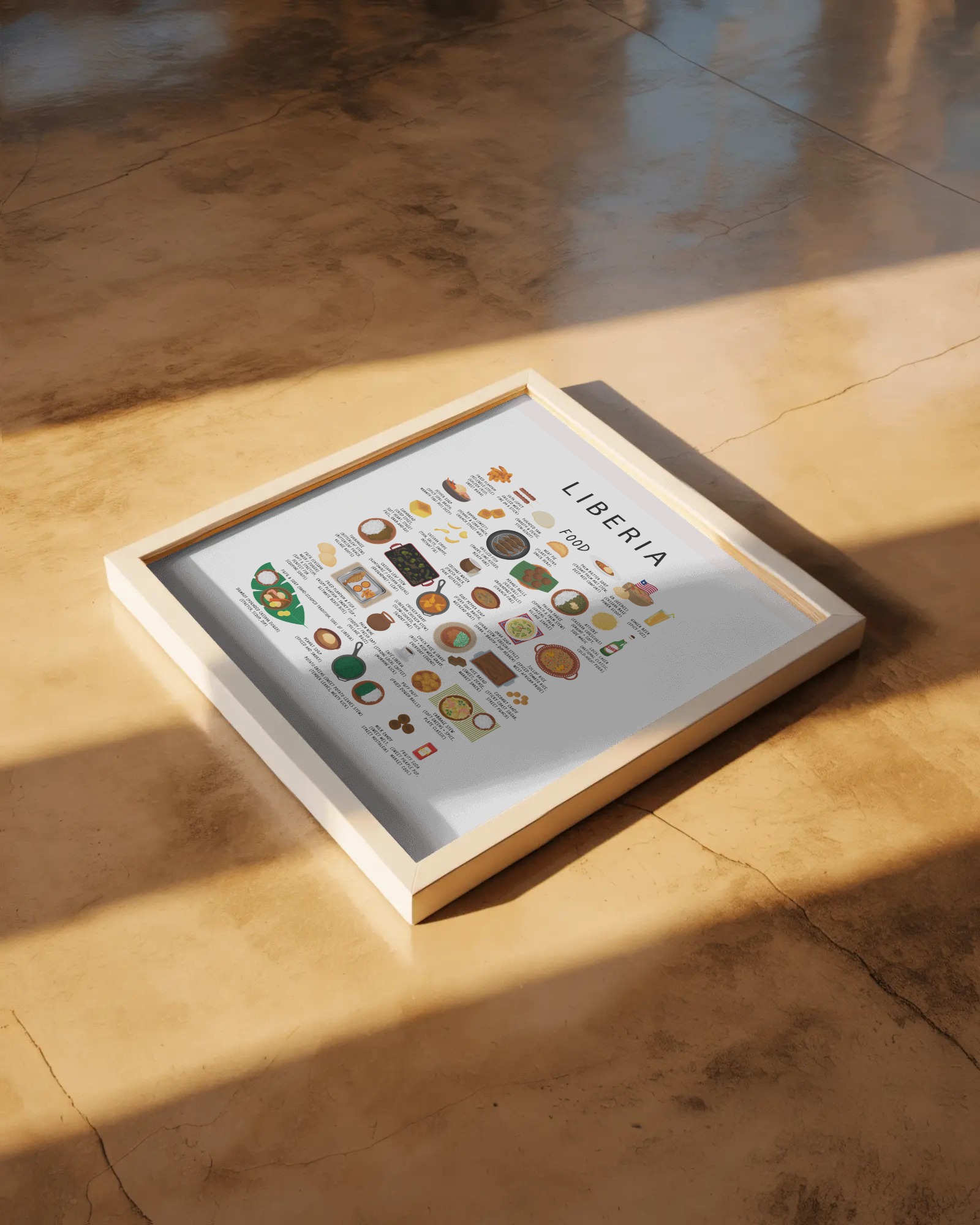 White Liberia food poster in a light wood frame on a warm terracotta concrete floor in golden afternoon light