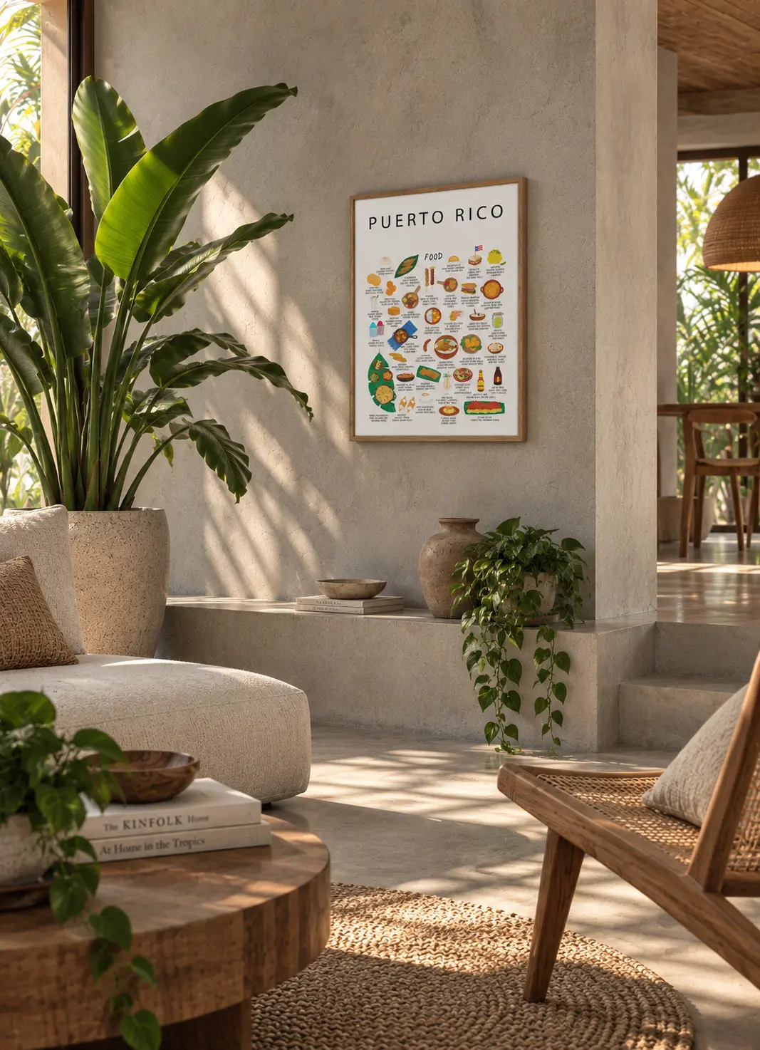 White Puerto Rico food poster on a sunlit plaster wall beside tropical plants