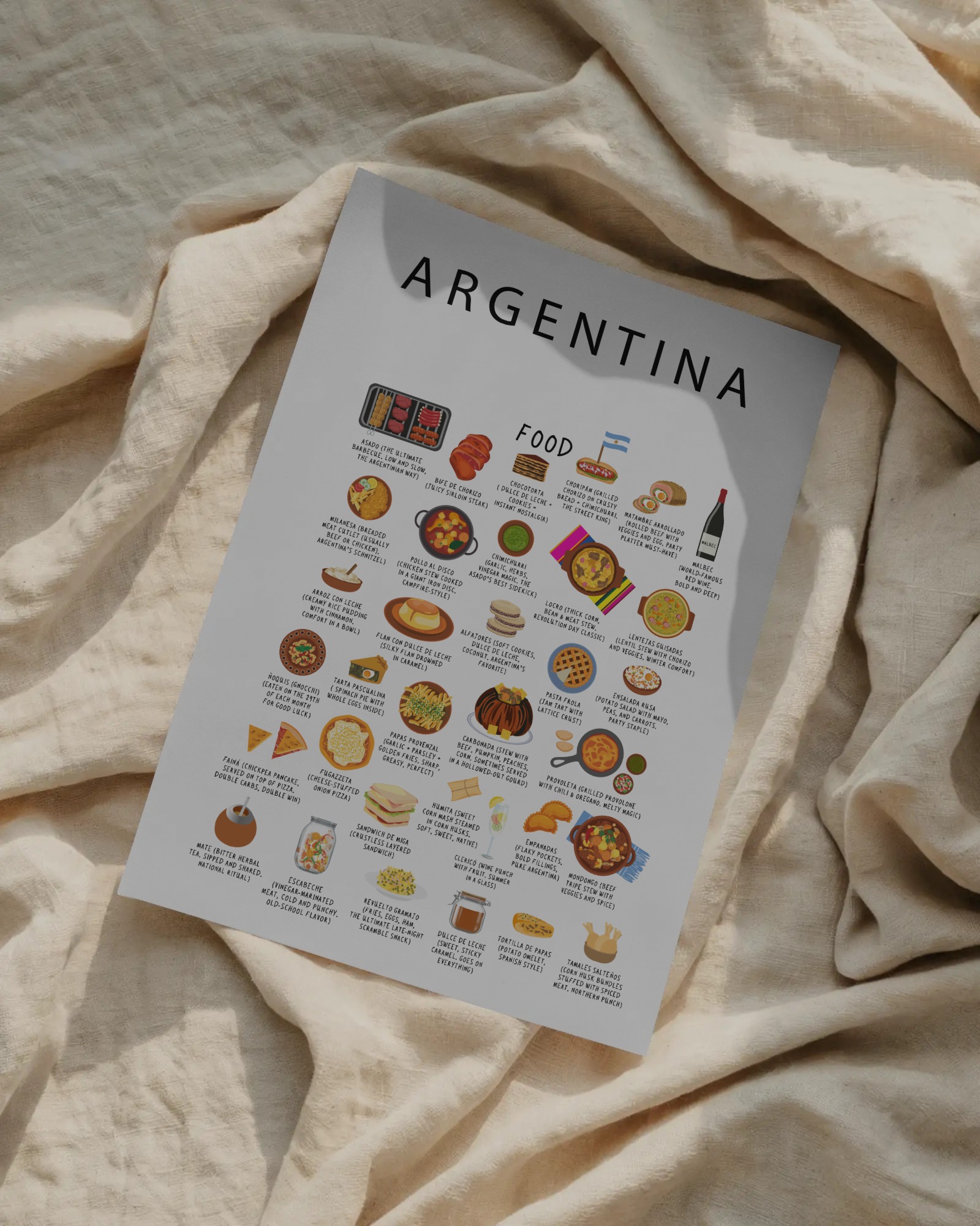 White Argentina food poster resting on soft cream linen in natural daylight