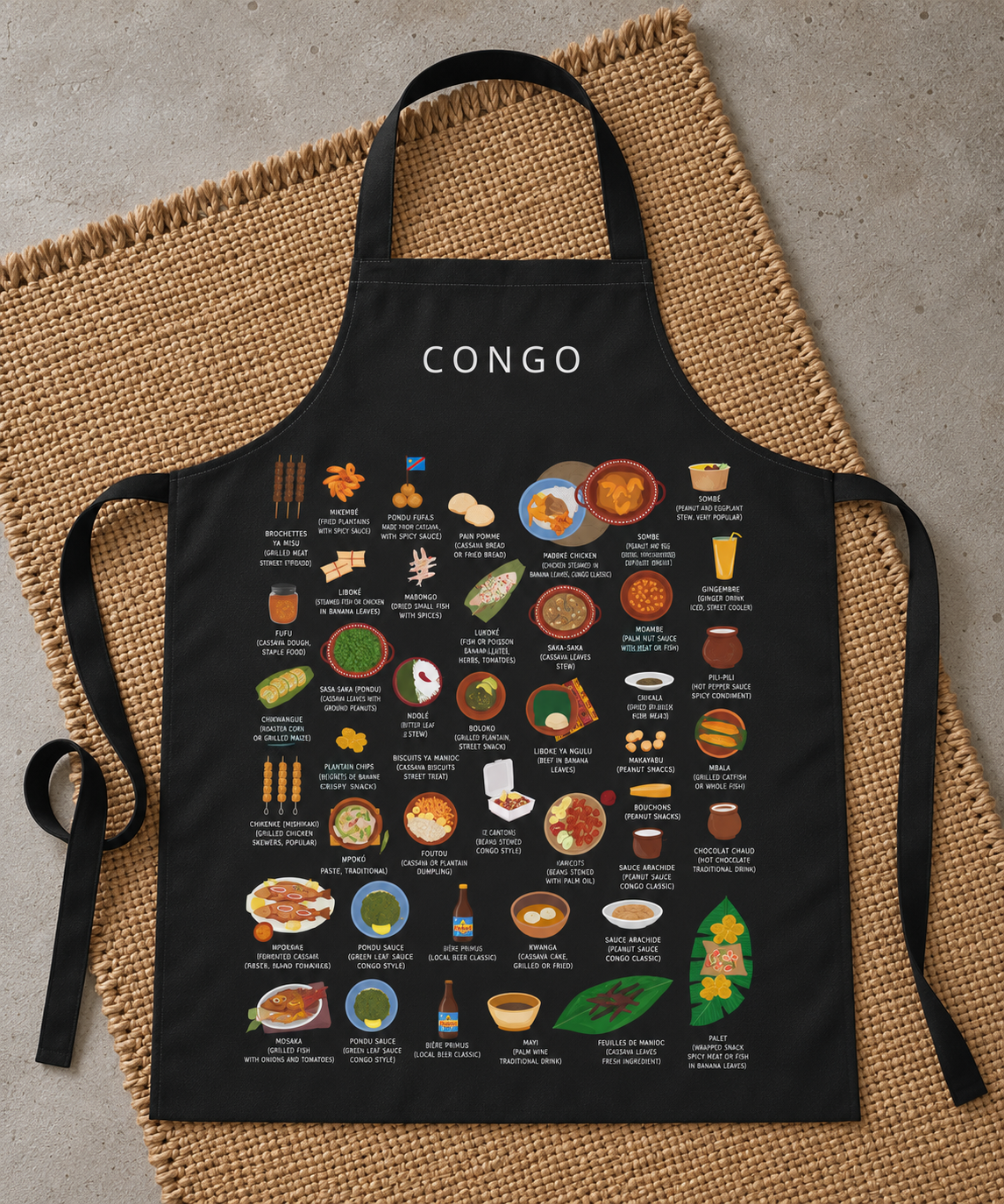 Black Congo food apron laid flat with illustrated Congolese dishes