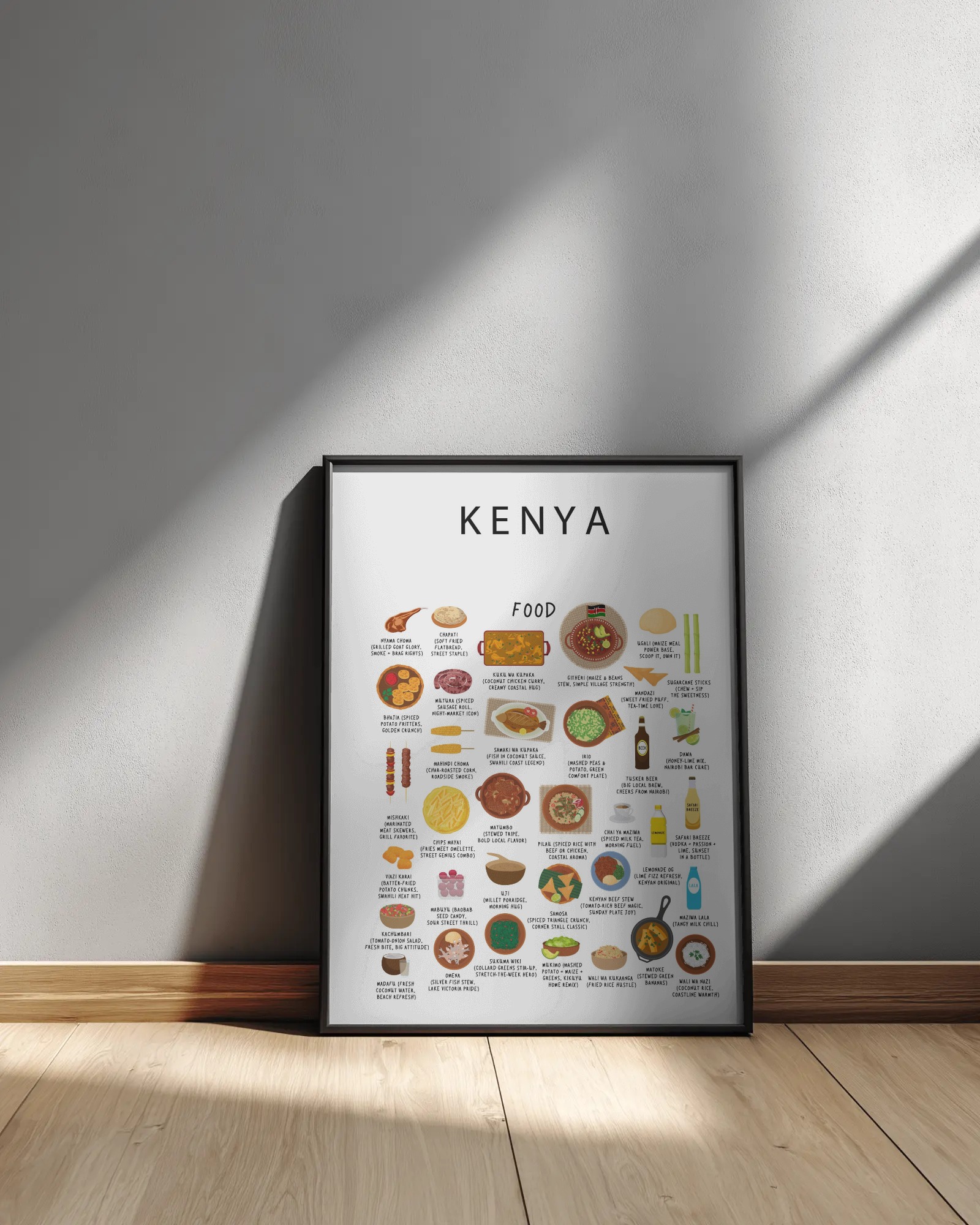 White Kenya food poster in a black frame leaning against a sunlit plaster wall on oak flooring