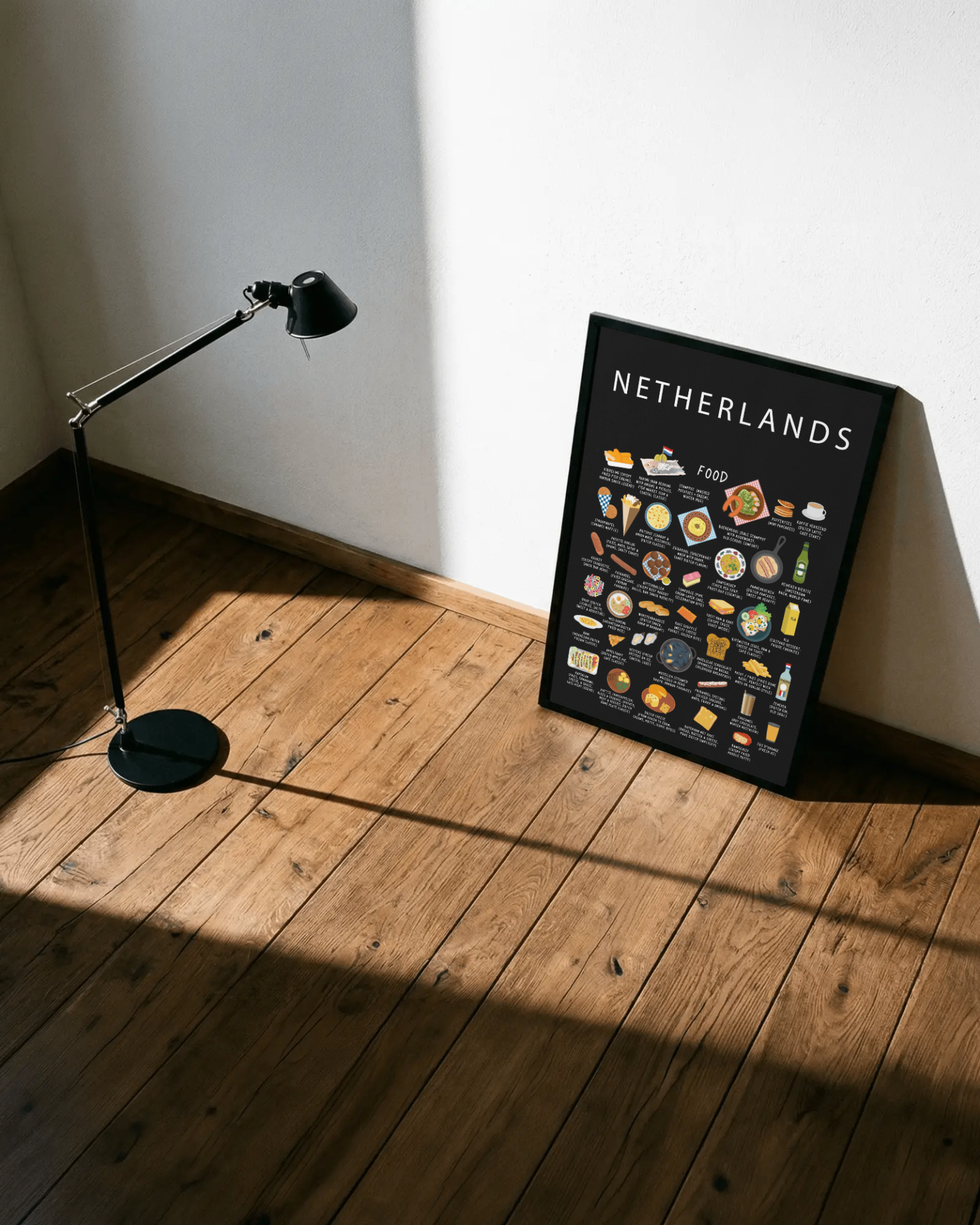 Netherlands food poster leaning on a wooden floor in warm afternoon light