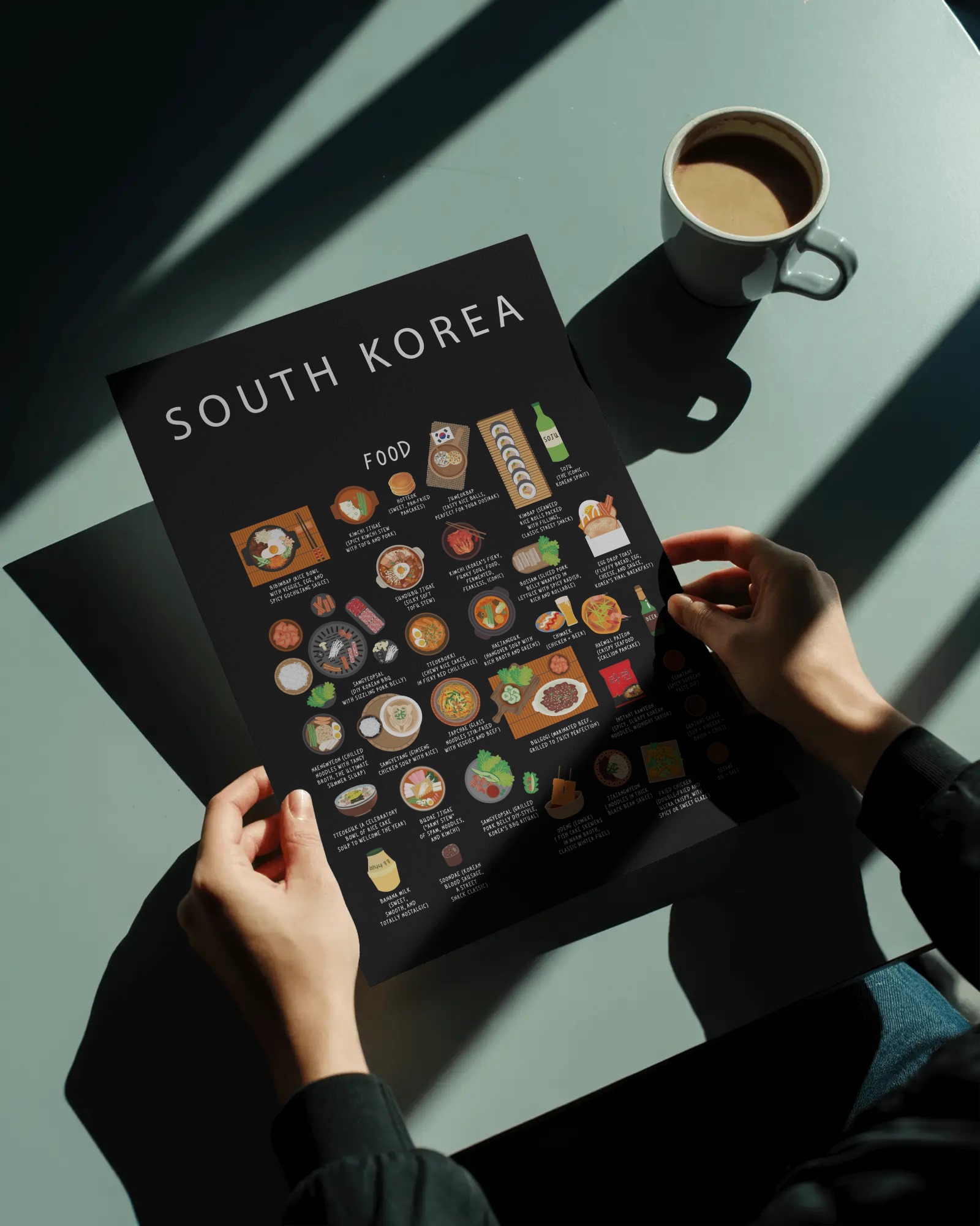 South Korea food collection thumbnail featuring illustrations of Bibimbap and Kimchi — Maison Maps editorial artwork.