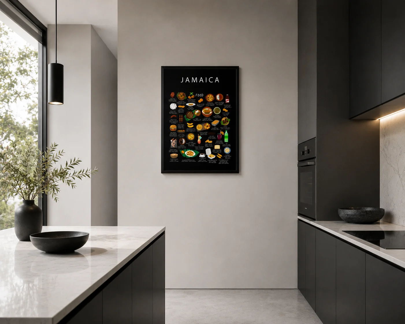 Black framed Jamaica illustrated food poster hung in a monochrome black and white kitchen