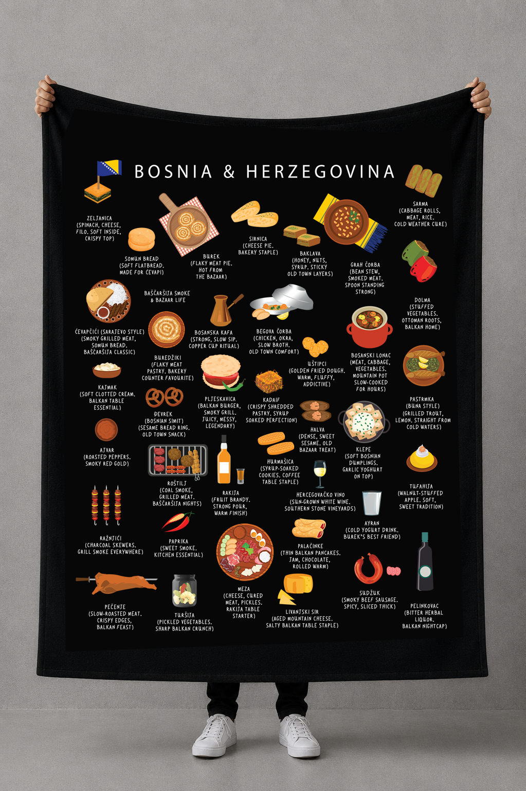 Black Bosnia & Herzegovina food blanket held open against a neutral grey wall