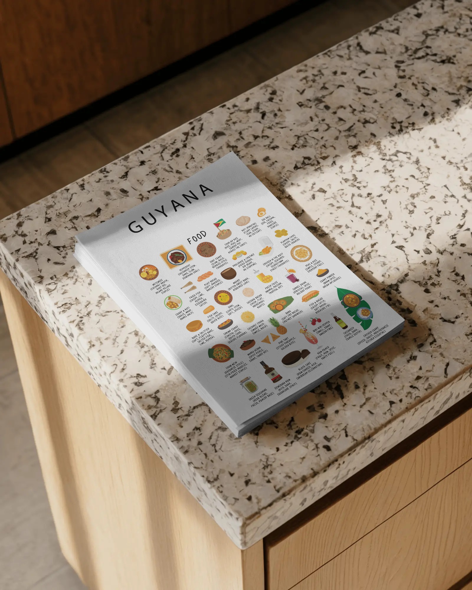 Guyana food collection thumbnail featuring illustrations of Pepperpot and Roti — Maison Maps editorial artwork.