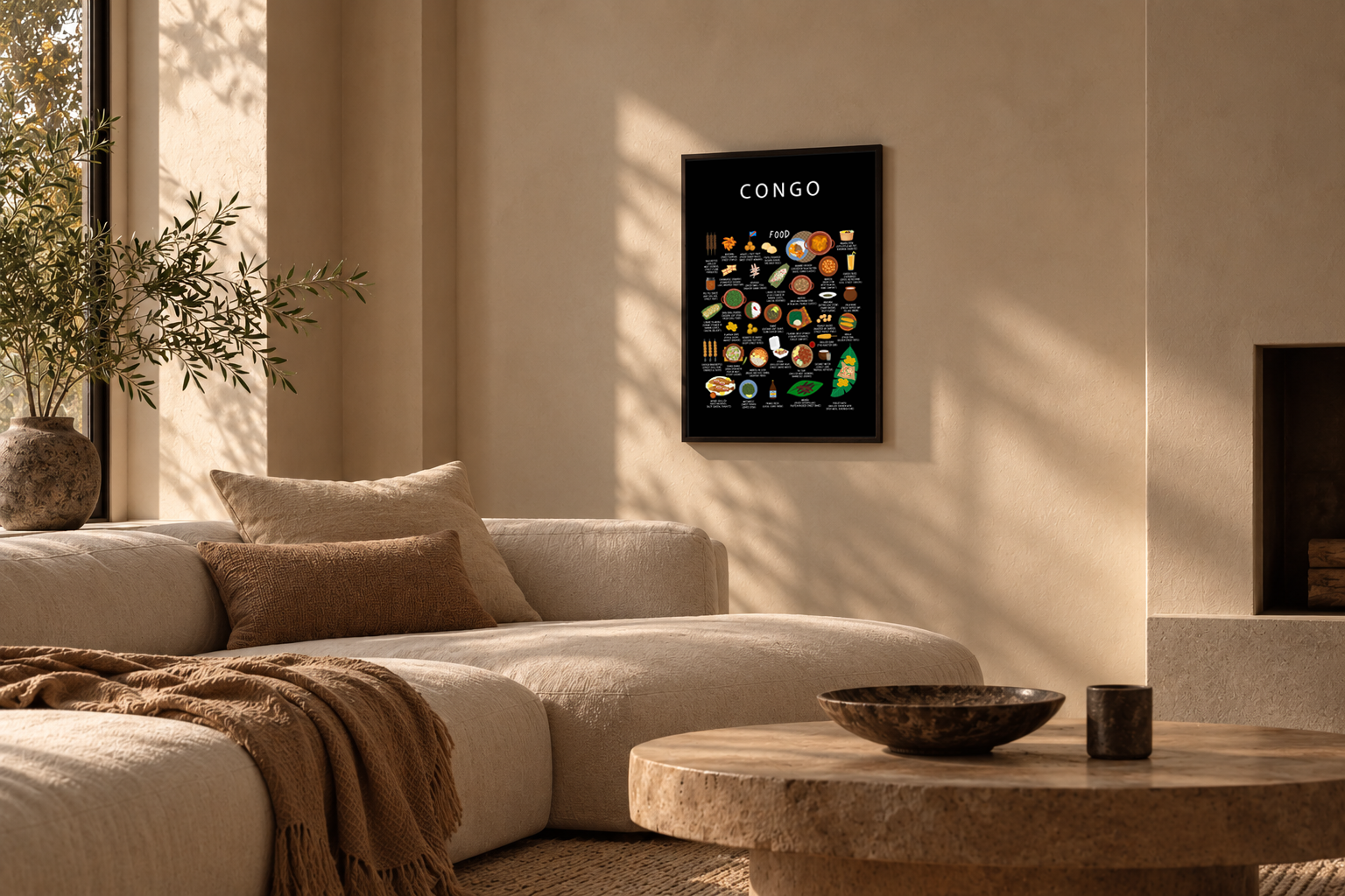Black framed Congo food poster on a sunlit plaster wall above a linen sofa