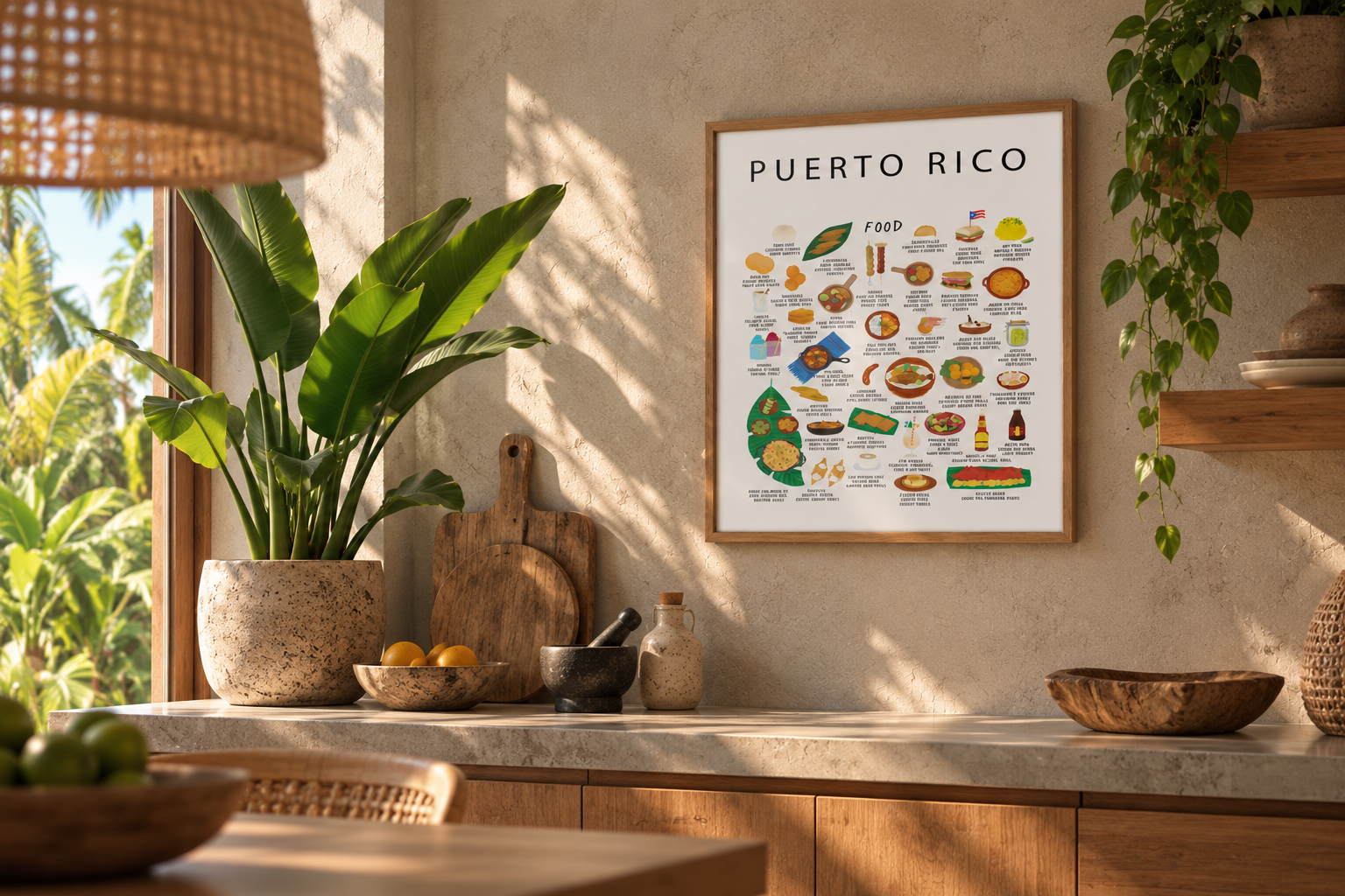 Framed white Puerto Rico food poster in a sunlit kitchen with tropical plants