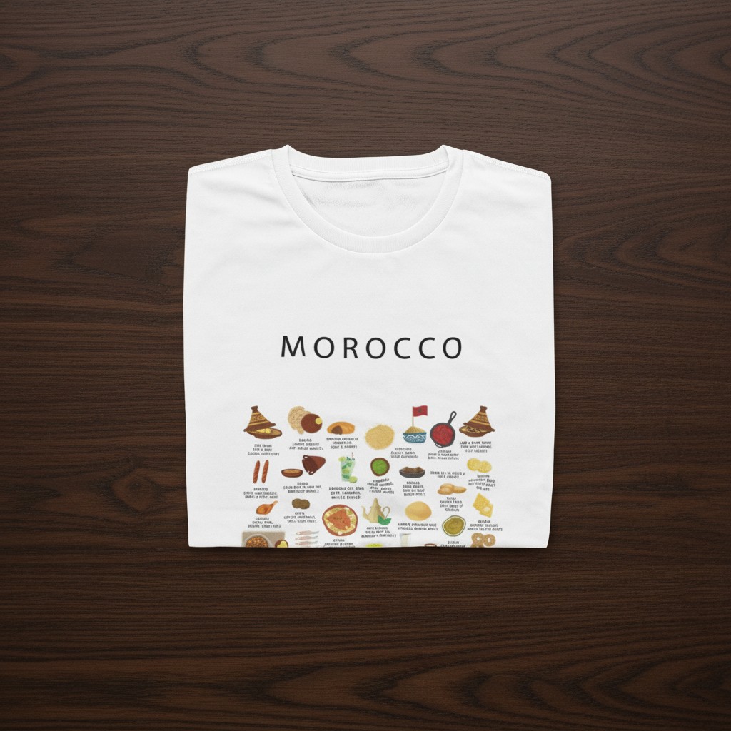 White folded Morocco food t-shirt on a rich walnut wooden surface