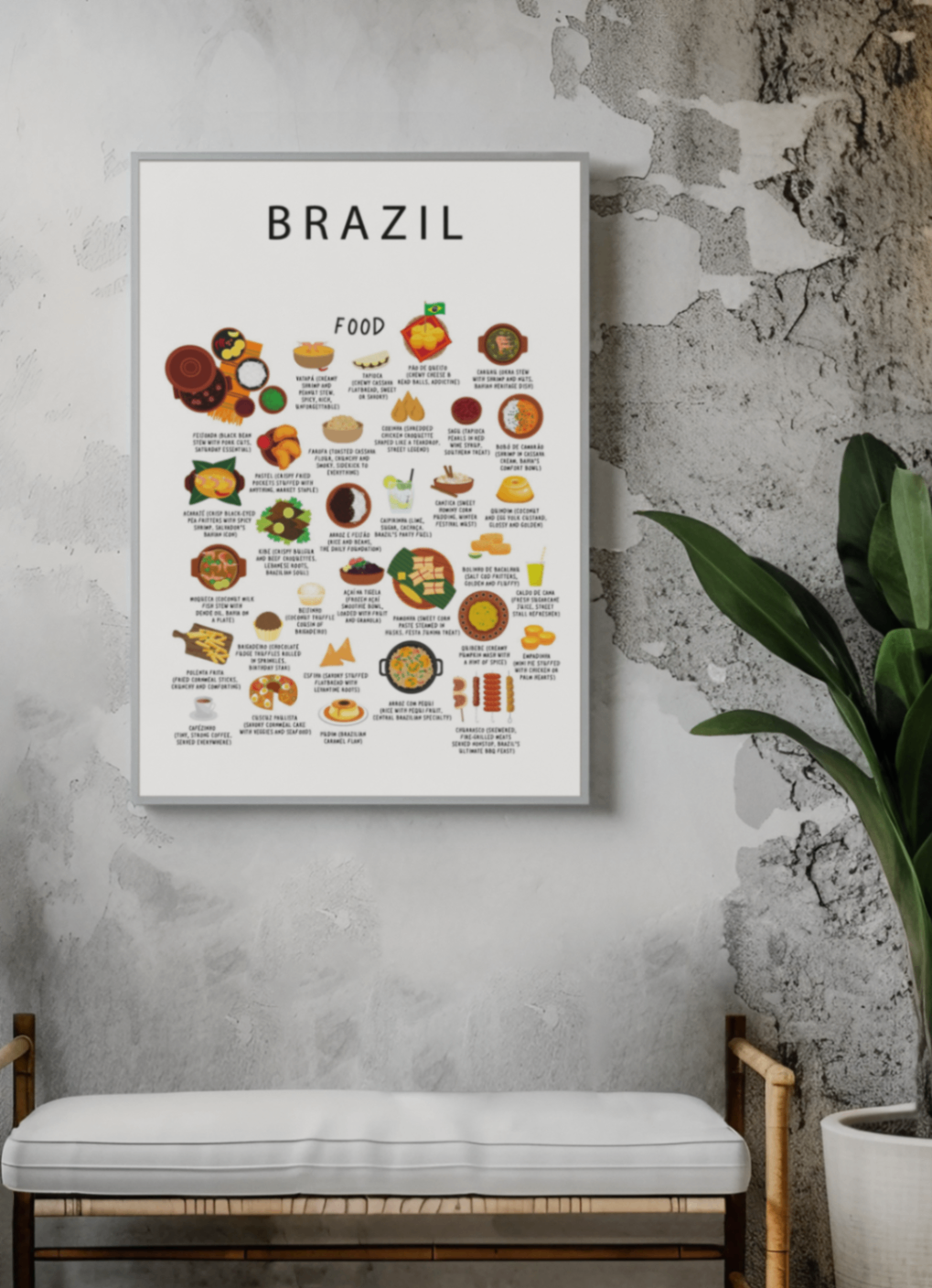 White Brazil food poster in a slim silver frame on a textured concrete wall beside a green plant