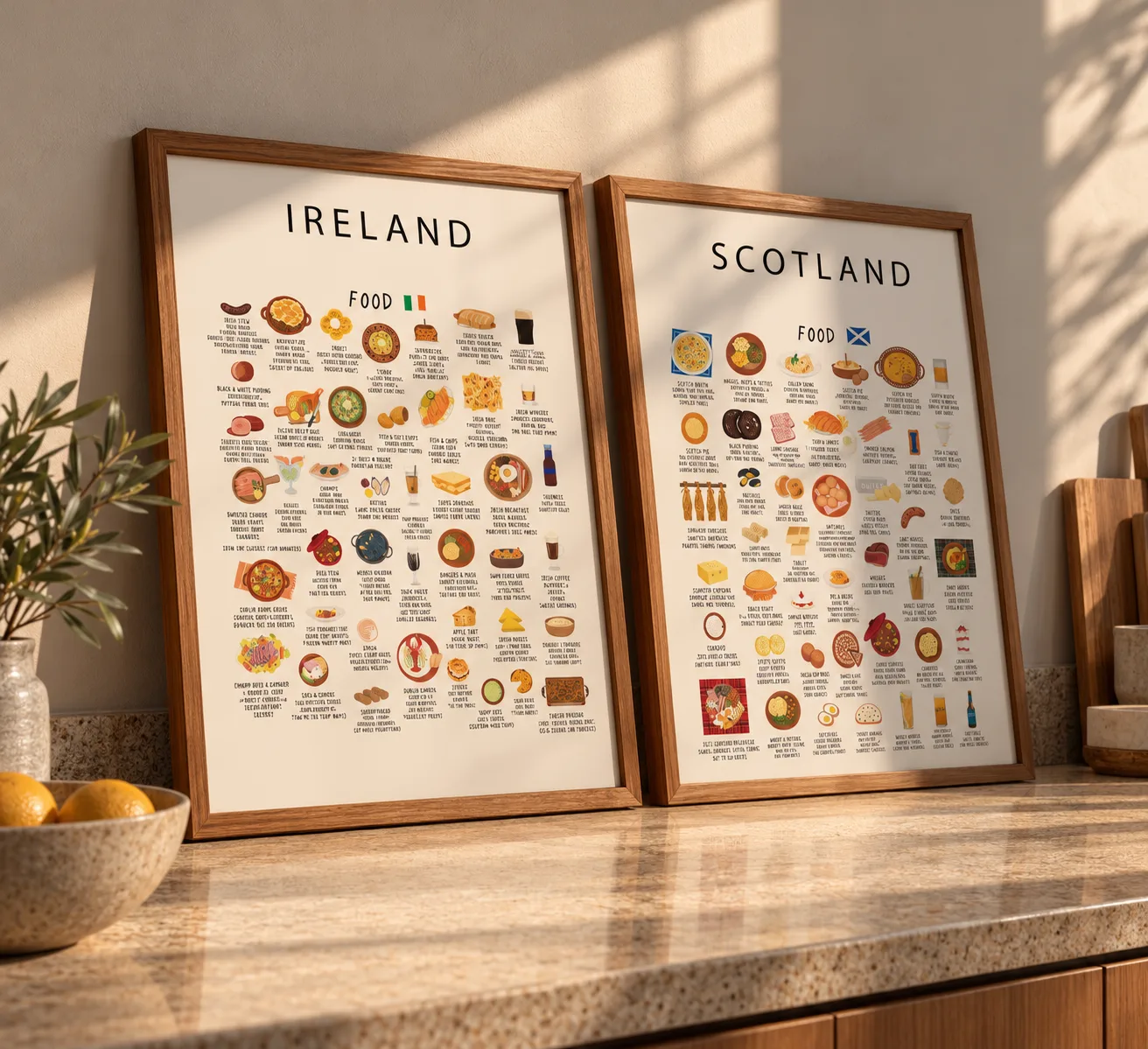 Two black framed food posters hung side by side on a warm wall — the Ireland food print and the Scotland food print.