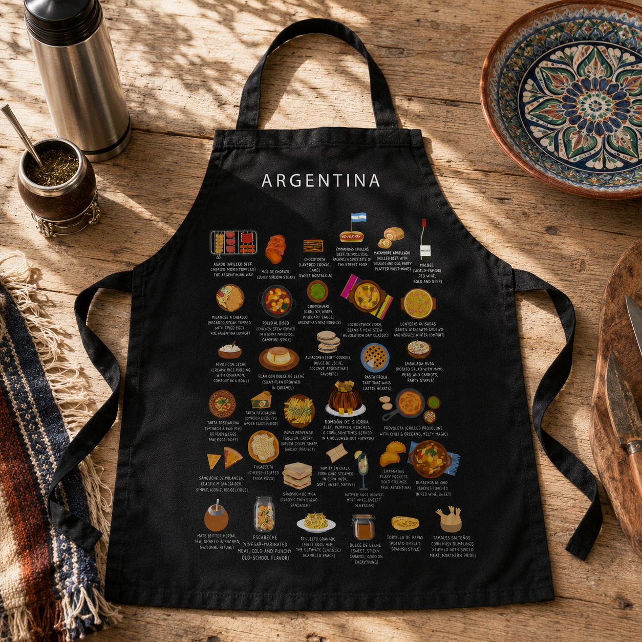 Black Argentina food apron styled on a wooden table with mate gourd and Moroccan ceramics in warm sunlight