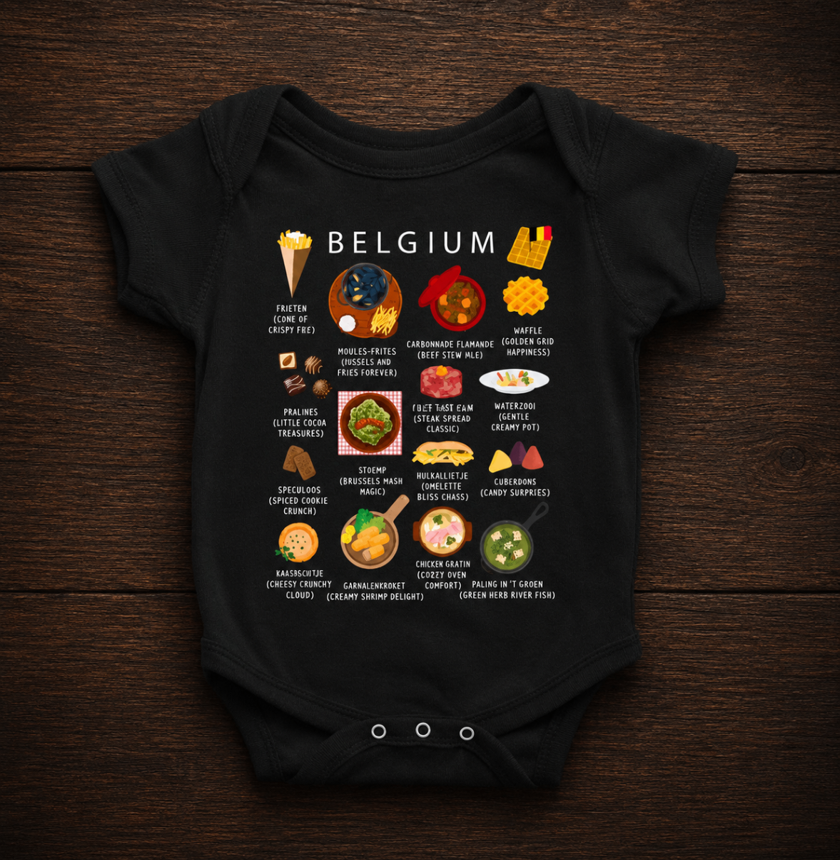 Black Belgium food baby onesie on a dark wood surface