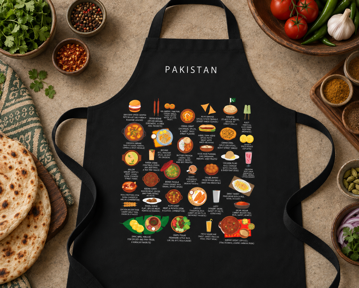 Black Pakistan food apron laid on a table among spices, naan and fresh chillies