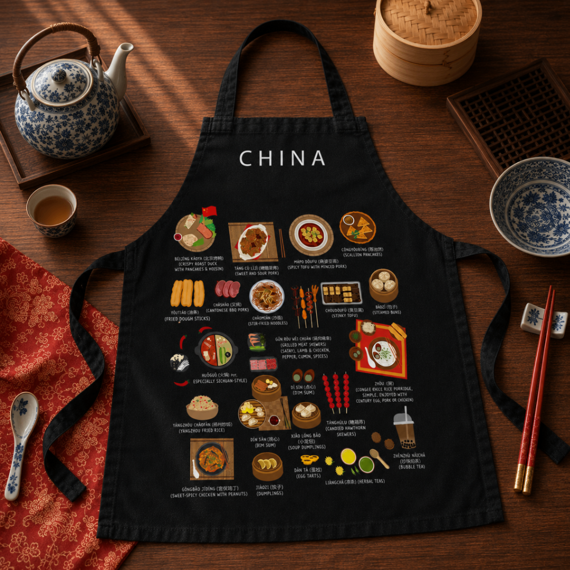 Black China food apron styled on a dark wooden table with blue-and-white Chinese teapot, chopsticks and rice bowl
