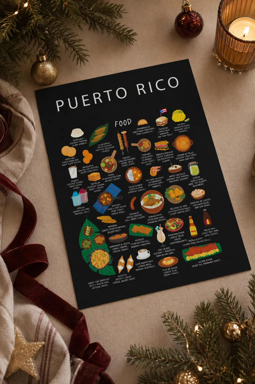 Black Puerto Rico food poster on linen with candlelight, burgundy ribbon and pine branches