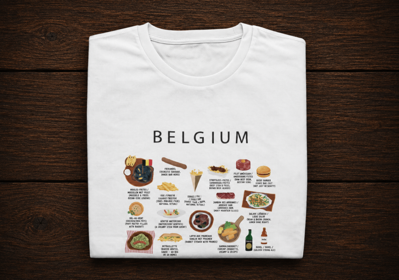 White Belgium food t-shirt folded on a dark walnut wooden surface