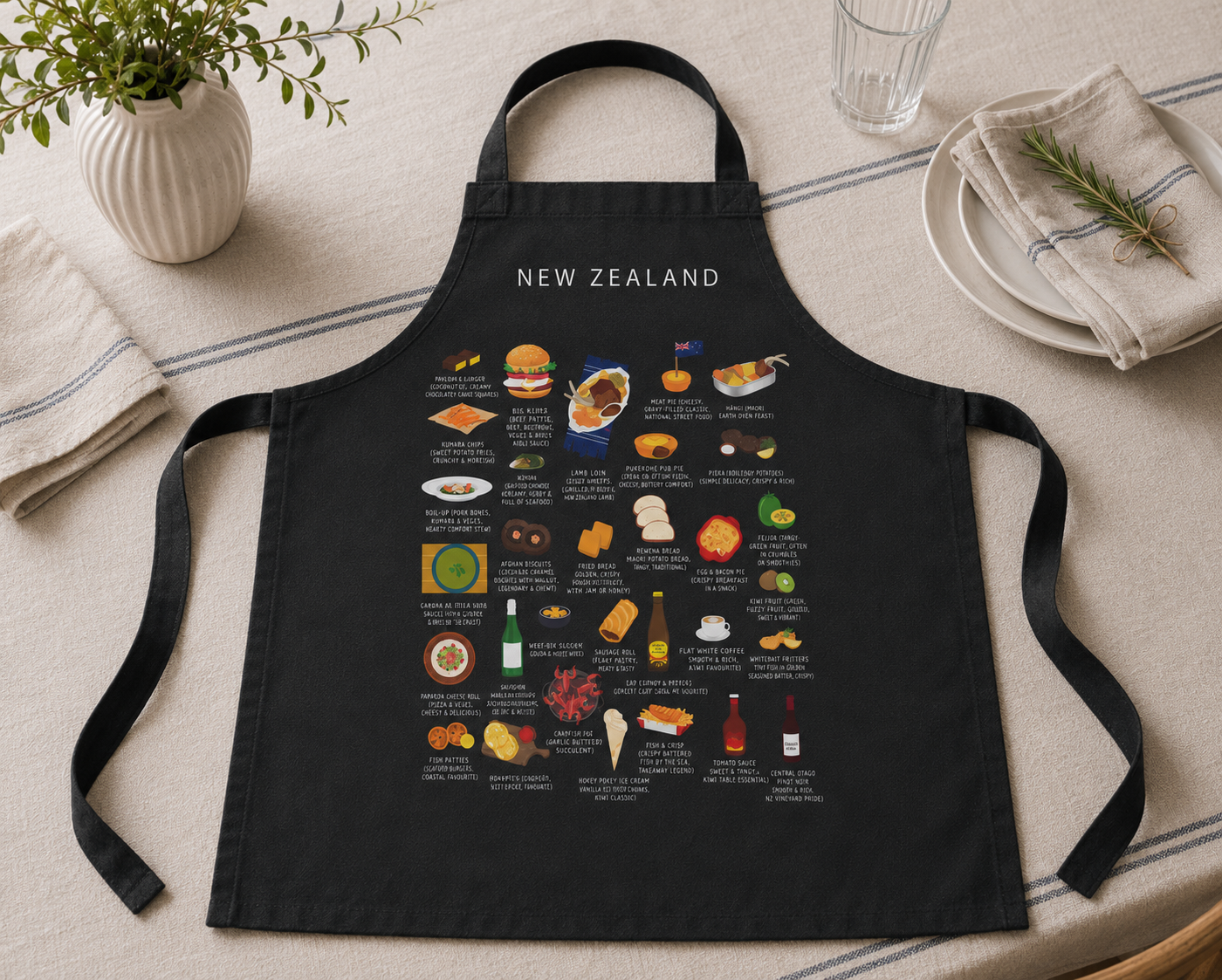 Black New Zealand food apron laid across a linen table setting with plates and rosemary