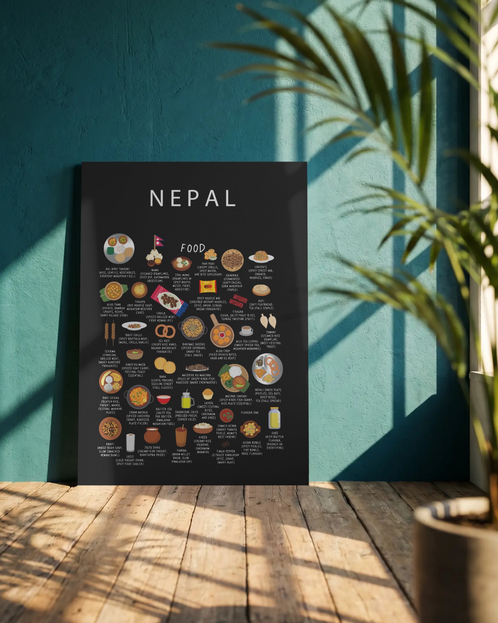 Black Nepal food poster against a teal wall in warm Kathmandu-like morning light