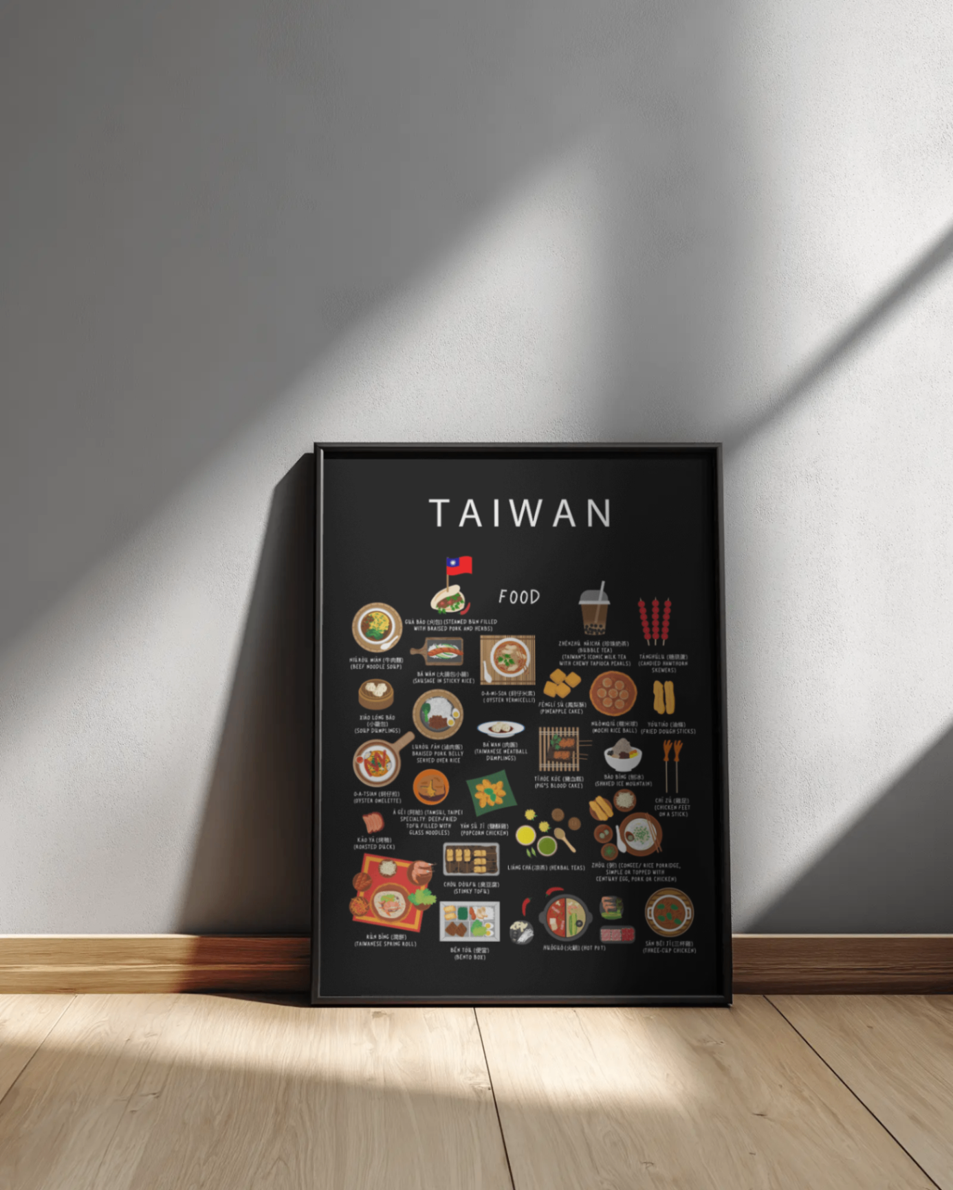 Black Taiwan food poster framed and leaning against a sunlit white wall