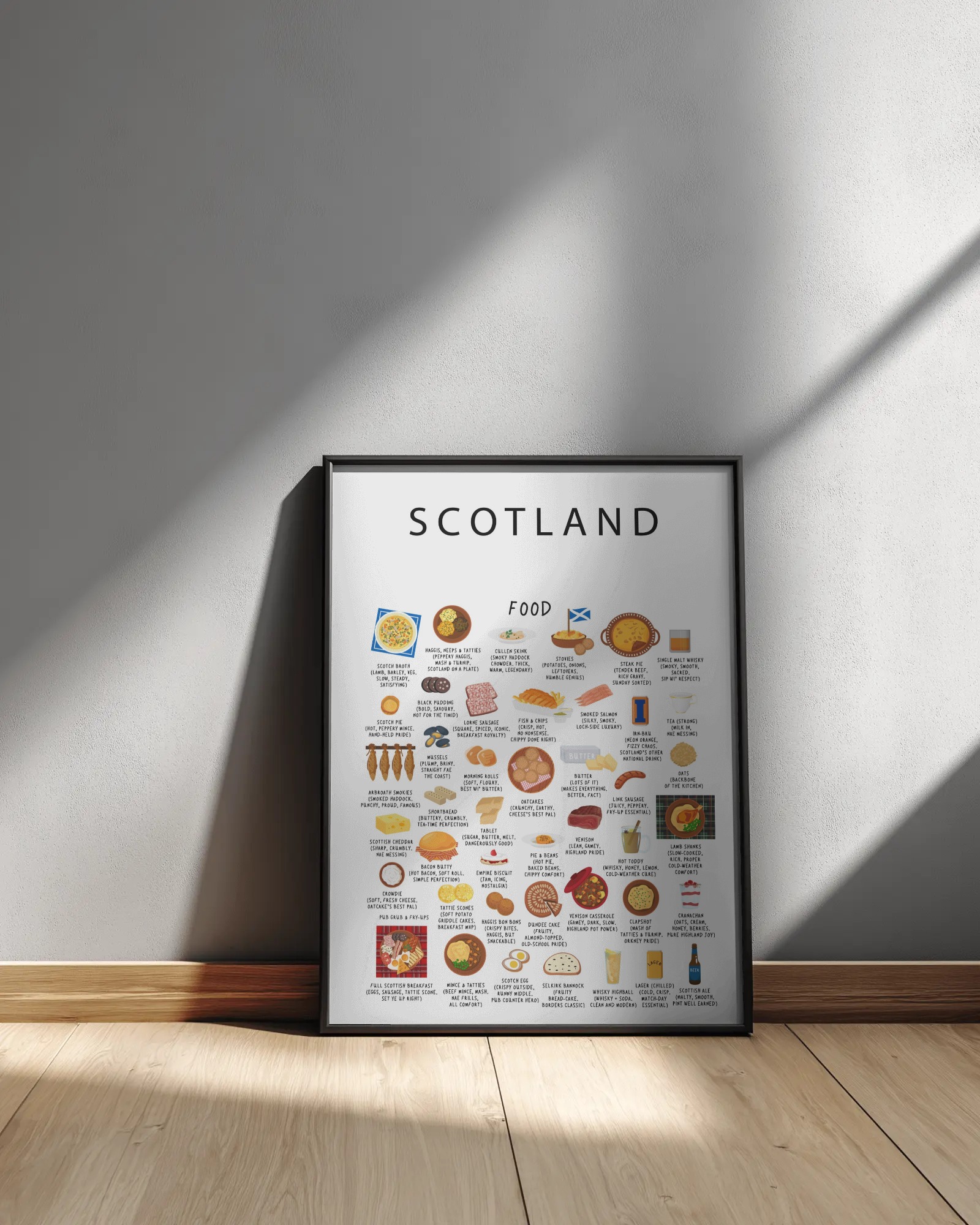 Scotland food collection thumbnail featuring illustrations of Haggis and Shortbread — Maison Maps editorial artwork.