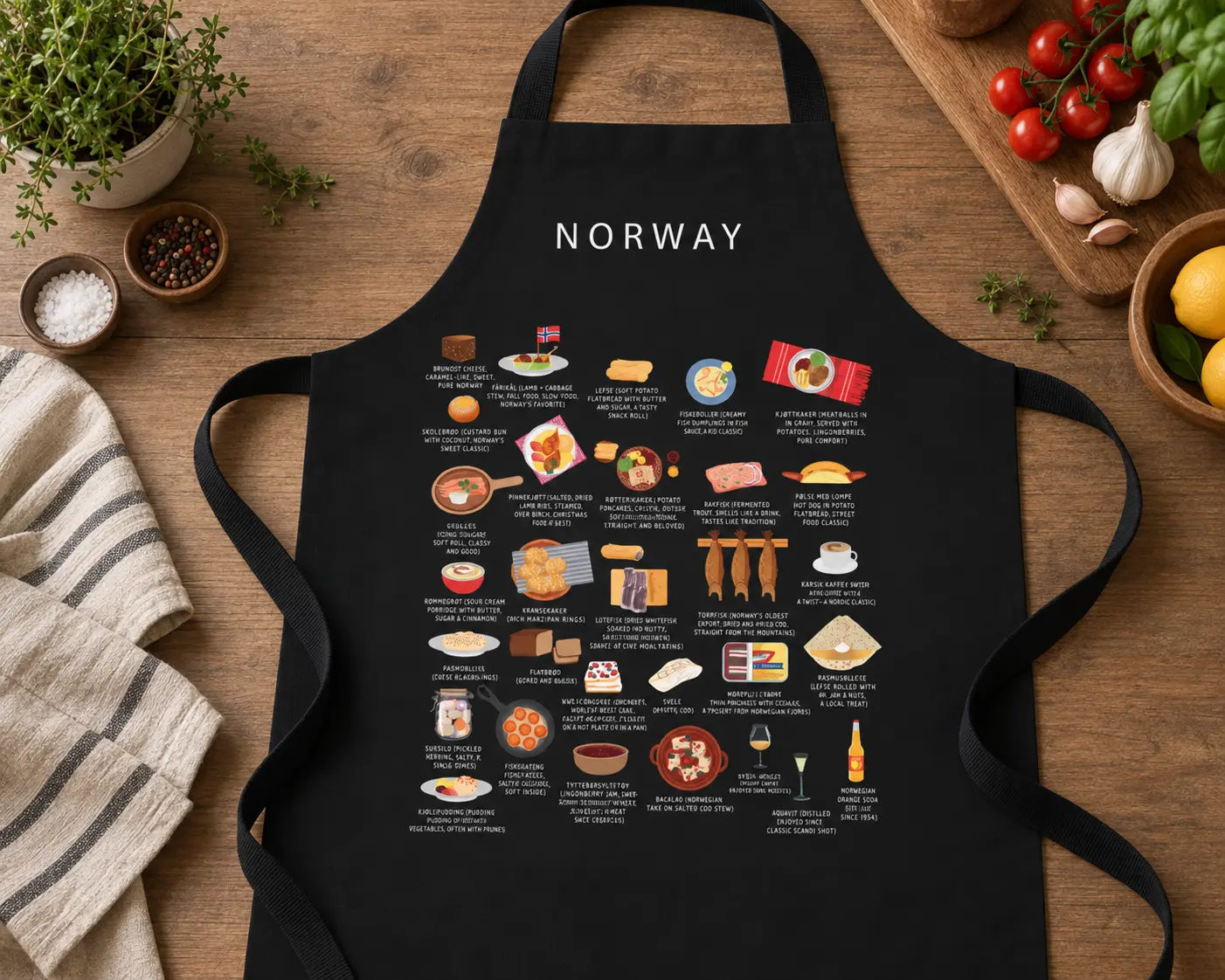 Black Norway food apron on a wooden kitchen table with herbs and tomatoes