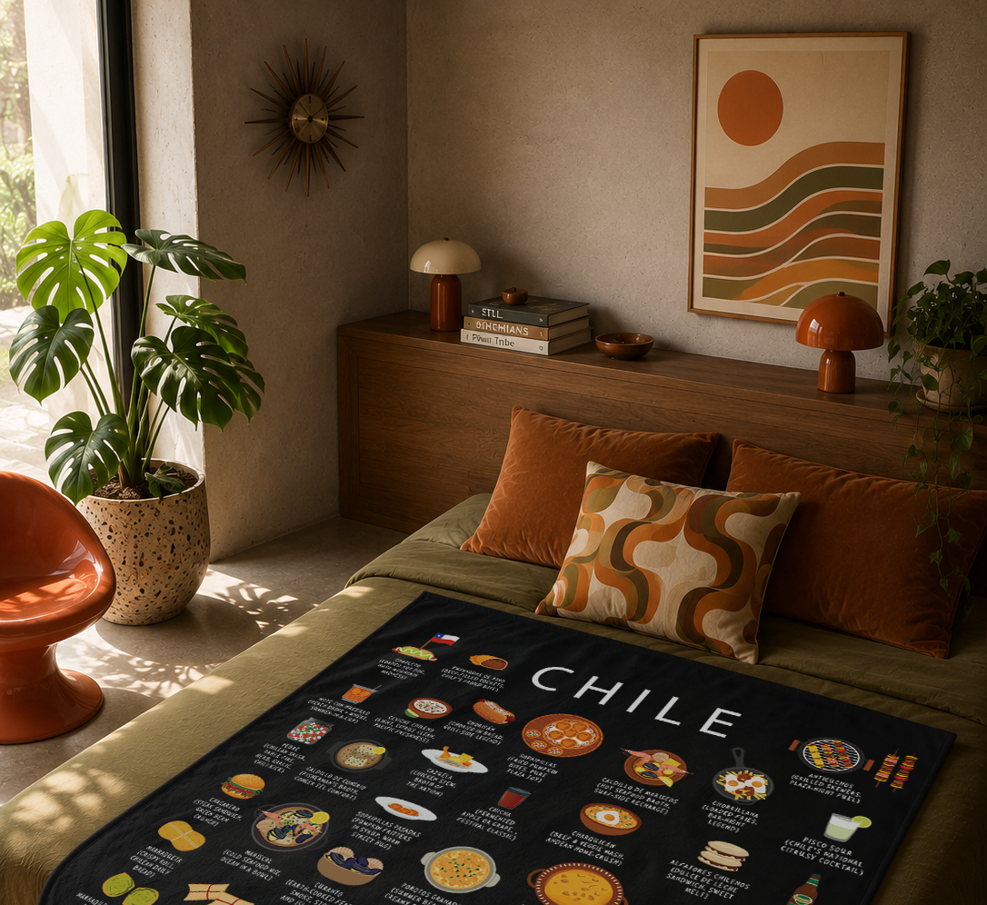 Black Chile food blanket on a bed in a warm mid-century bedroom with terracotta cushions and a monstera plant