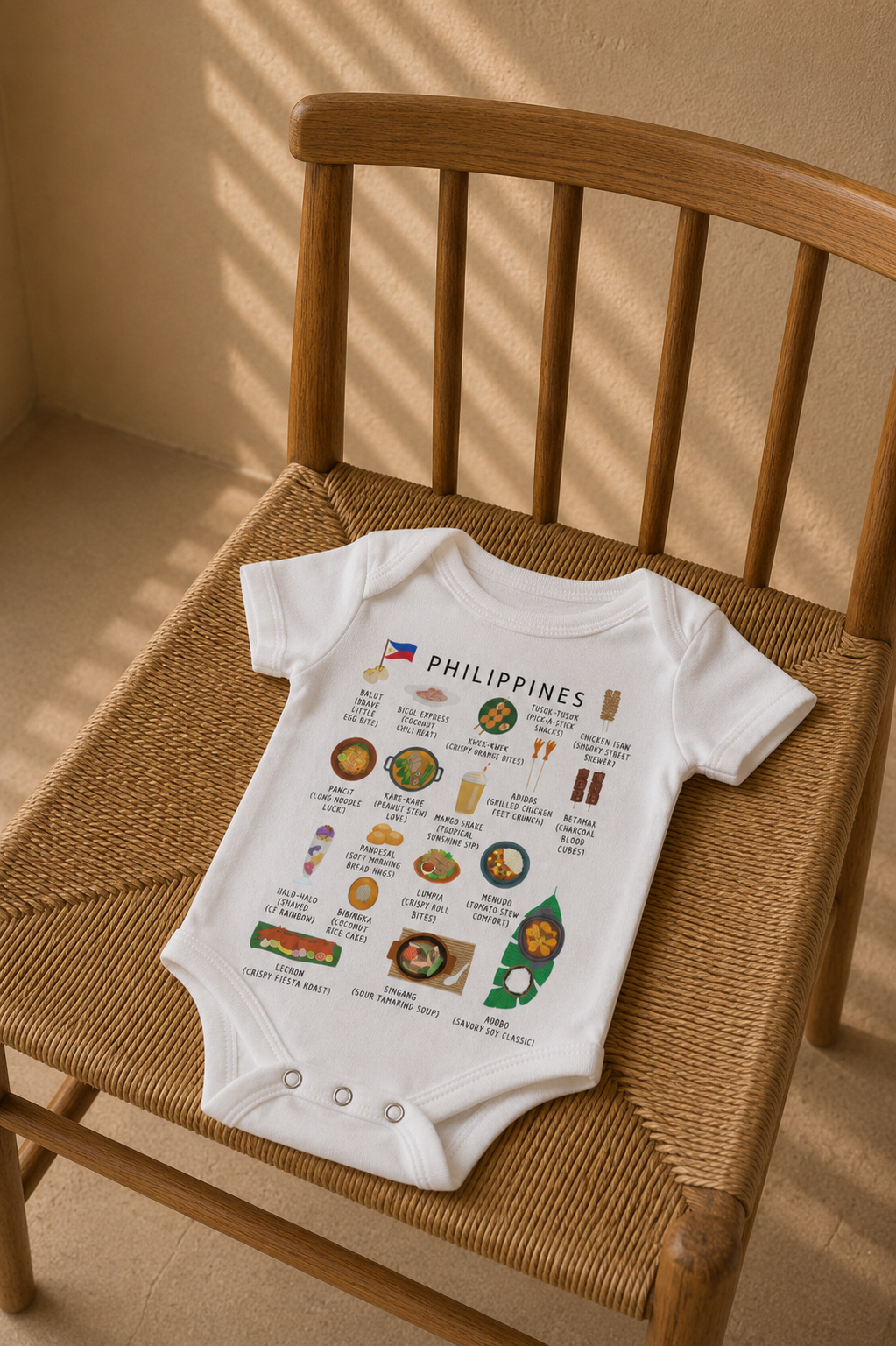 White Philippines baby romper placed on a woven wooden chair in soft sunlight