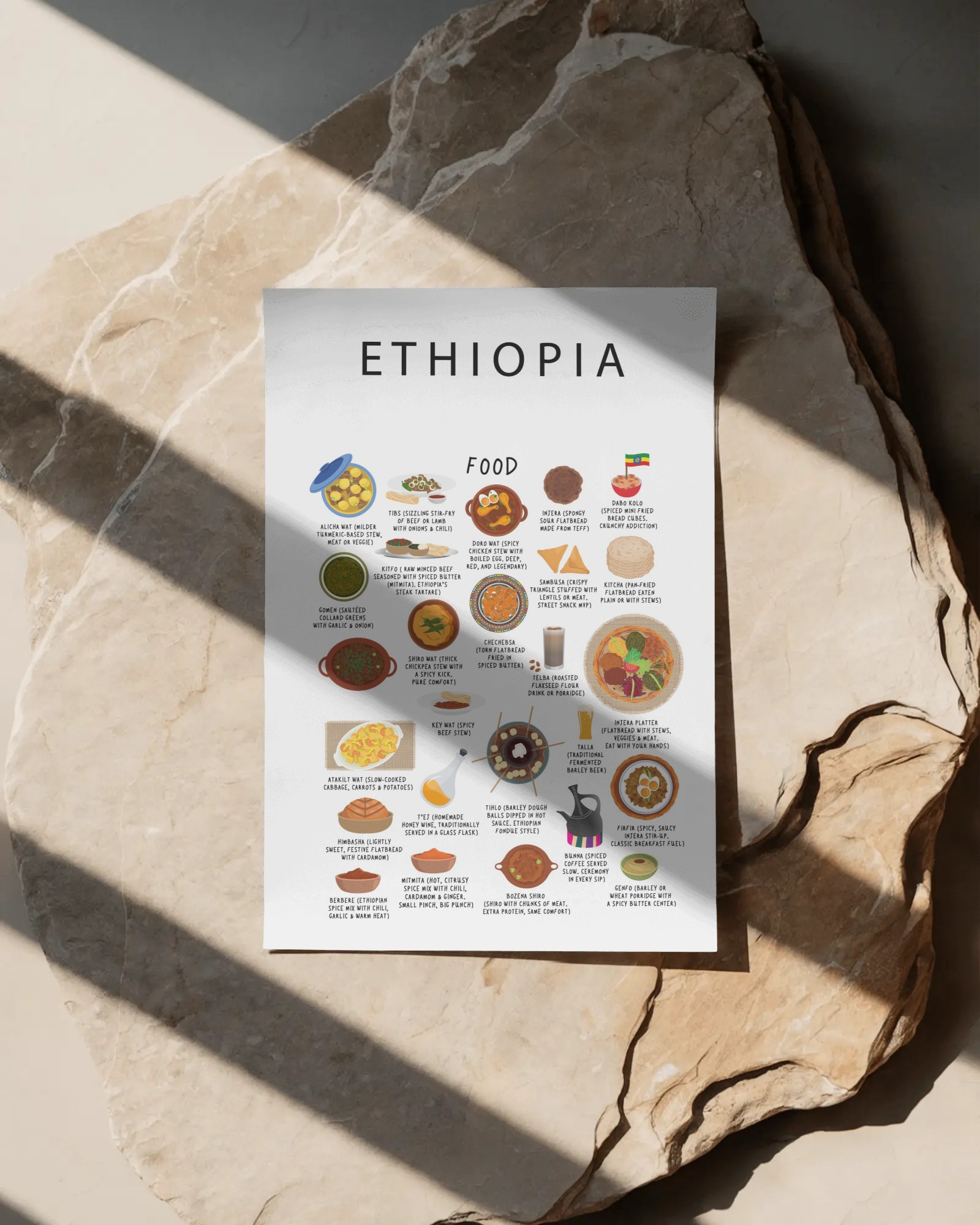 White Ethiopia food poster styled on a textured natural stone slab in directional sunlight