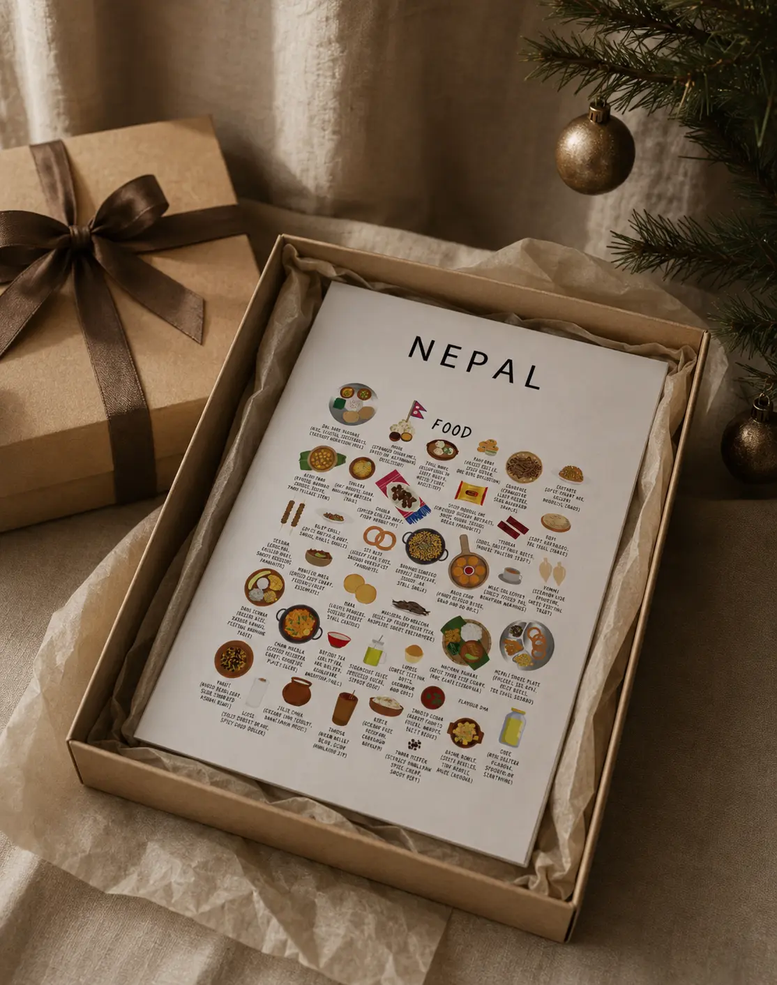 White Nepal food poster in an open gift box beside a Christmas tree