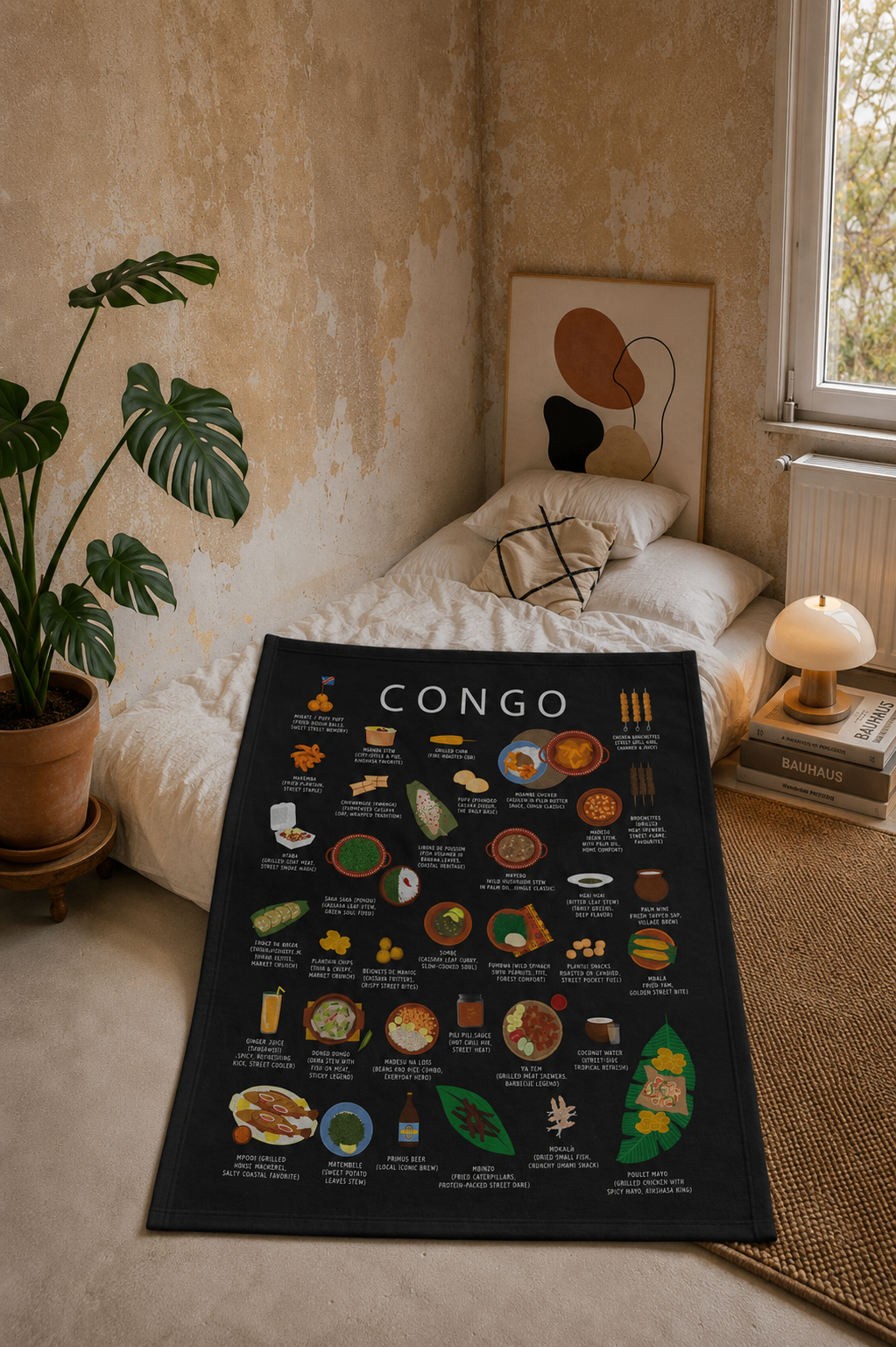 Congo food collection thumbnail featuring illustrations of Moambé and Saka Saka — Maison Maps editorial artwork.